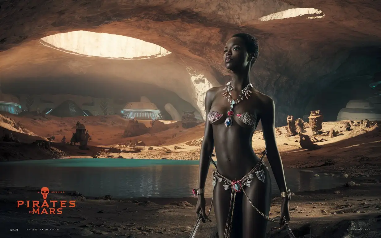 A black girl naked at full height, adorned with jewels, by a lake in a huge cave with a glowing vault in the film "Pirates of Mars"