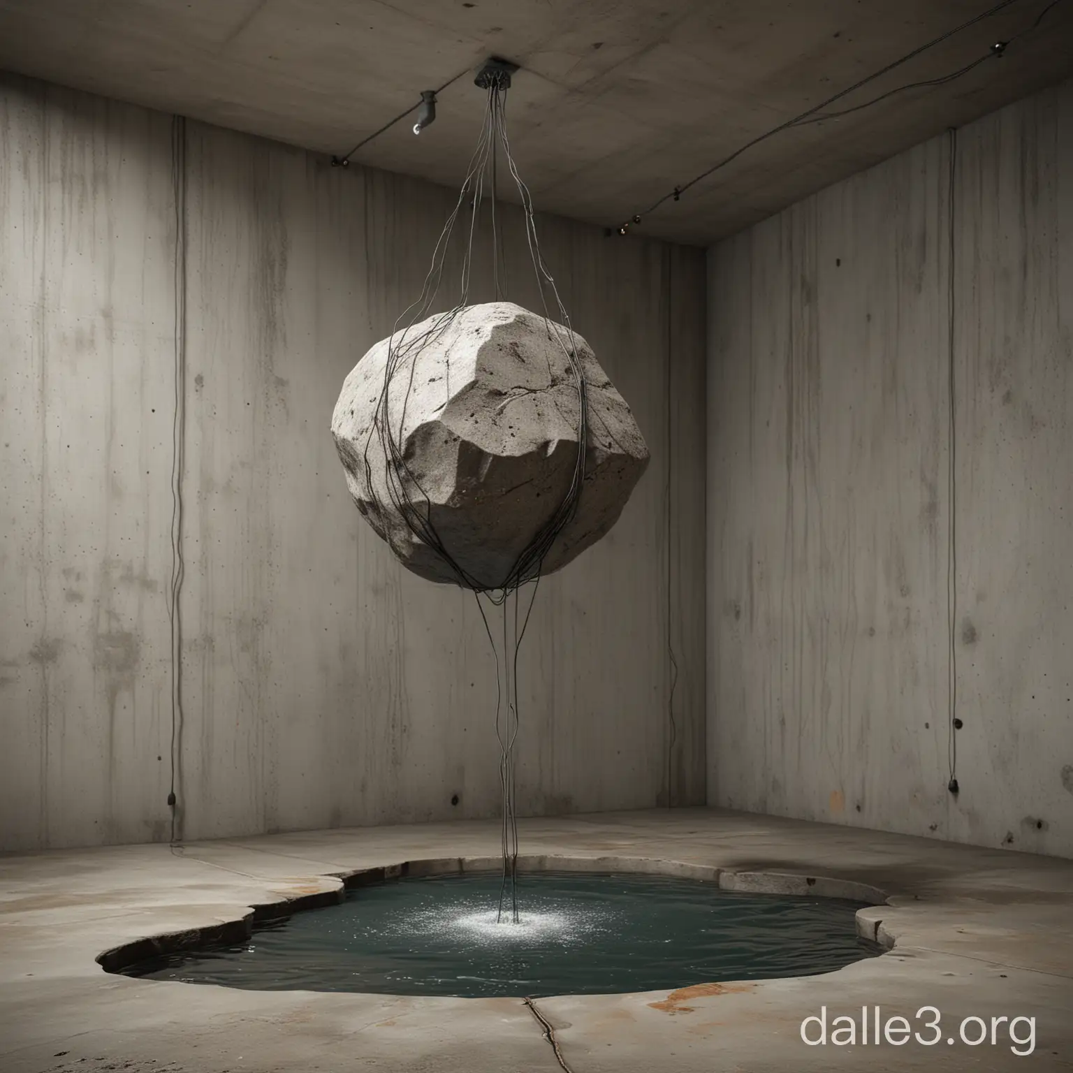 an interior render for an exhibition of a boulder hanging from the center of a concrete ceiling with thin tension cables and water running down the boulder that collects at a small puddle below it