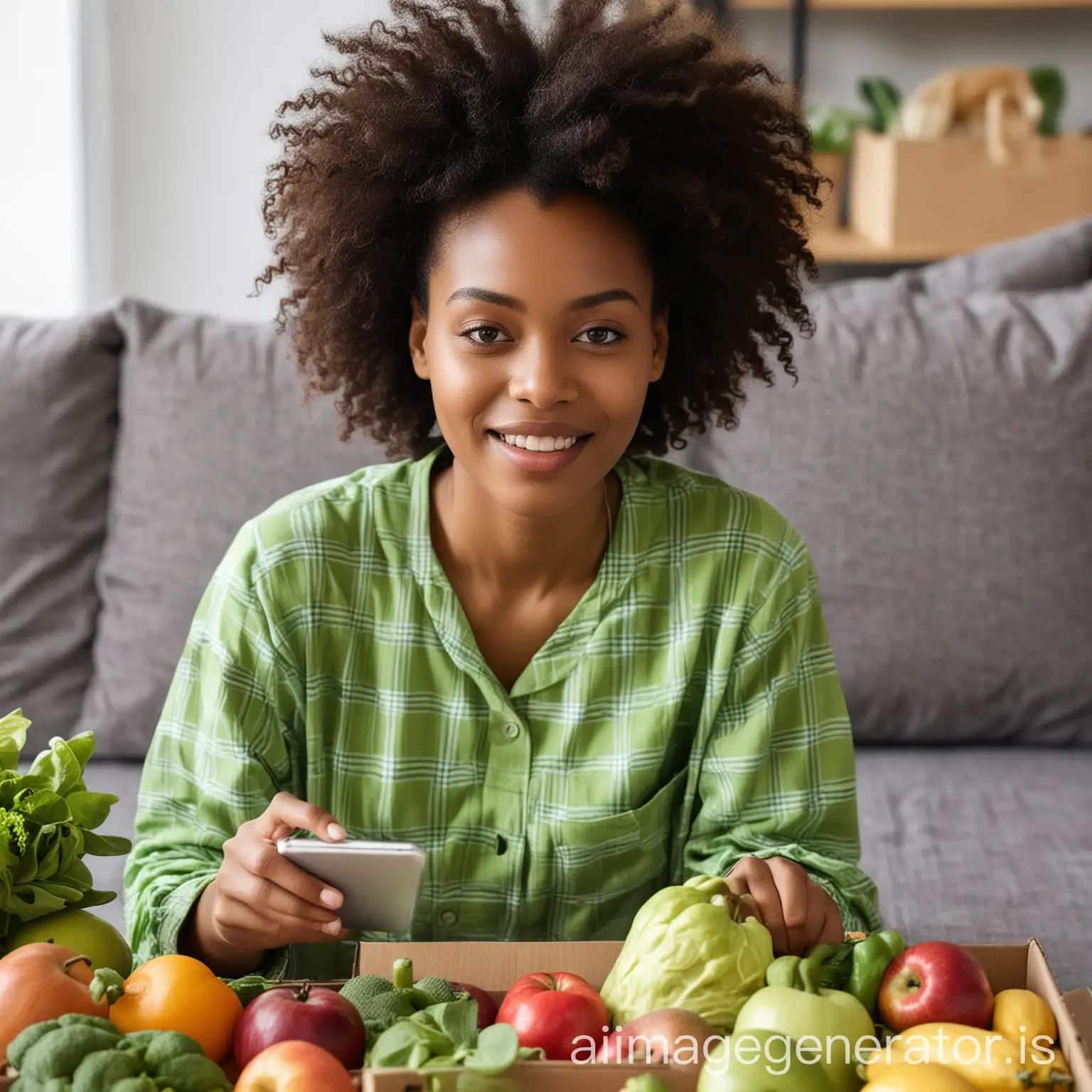 Close up of young African woman wearing green pajamas checks over her box full of colourful and fresh organic groceries ordered online with smartphone at home that have just been delivered