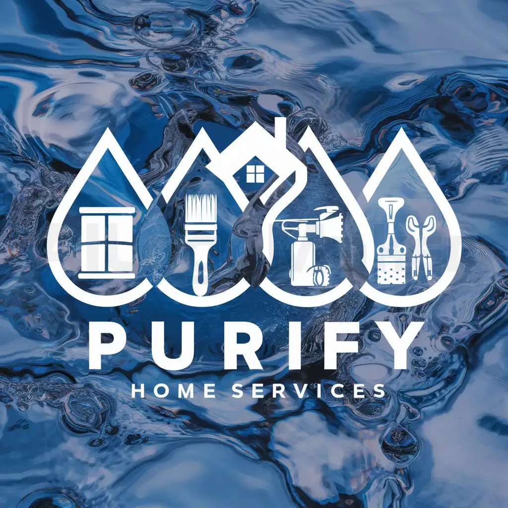a logo design,with the text "Purify Home Services", main symbol:Create a logo of 4 water drops that represent purification inside of a home. Include the shape of a window with a squeegee inside of drop #1. Include a paint brush inside of drop #2. Include a pressure washer inside of drop #3. Include landscaping inside of drop# 4.,complex,clear background