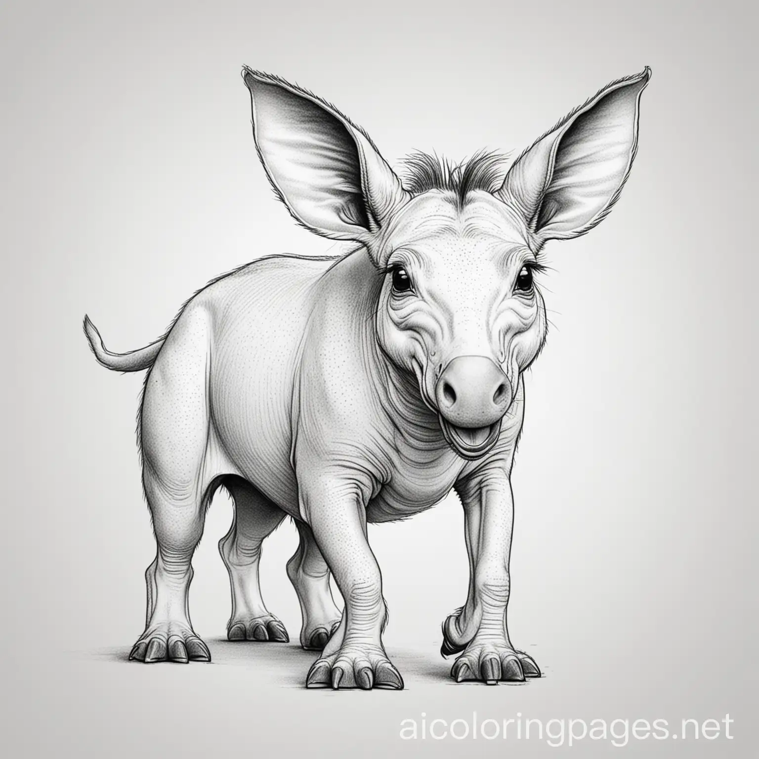 Happy aardvark, Coloring Page, black and white, line art, white background, Simplicity, Ample White Space. The background of the coloring page is plain white to make it easy for young children to color within the lines. The outlines of all the subjects are easy to distinguish, making it simple for kids to color without too much difficulty