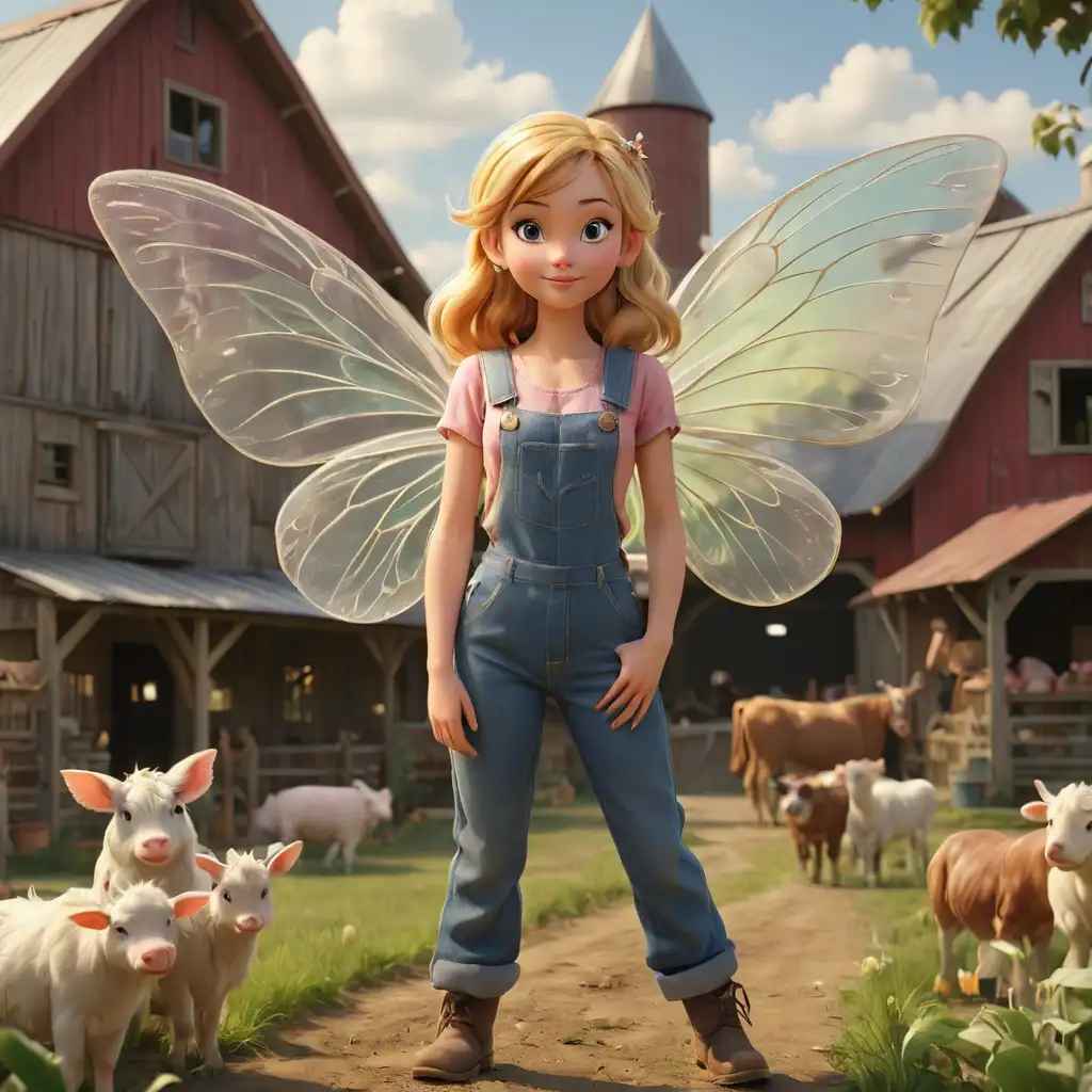 A beautiful fairy, 3D, Disney Style, large fairy wings, on a farm, with a barn behind her, farm animals around, dressed in overhauls, and a cowboy hat