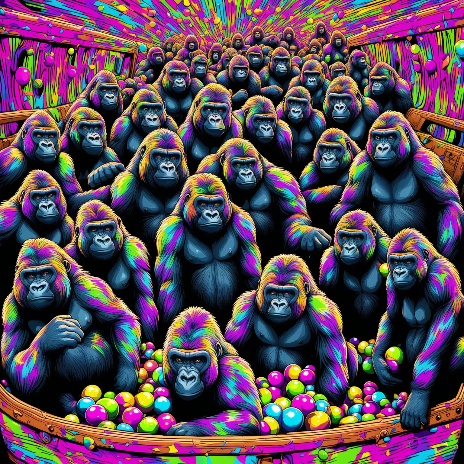 gorillas partying in the trunk, psychadelic, intense, harsh lines, sharp contrast