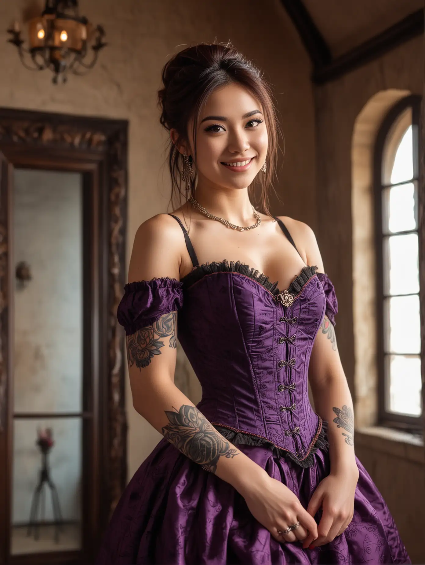 (from behind), RAW photo of smiling (Alice Bong) looking over her shoulder, Asian eyes, (lots of mascara on eyelashes), makeup, mascara, (long eyelashes), brown eyes, wire framed eyeglasses, (freckles), steampunk, (detailed castle room), looking at viewer, (bangs), (long brown hair), (multicolored corset), (long dark purple midi skirt), tattoos, (high detailed skin:1.2), (perfect female body, narrow waist, wide hips), (hands on waist), charming, alluring, enchanting, necklace, earrings, bracelet, armlet, 8k uhd, dslr, soft lighting, high quality, film grain, Fujifilm XT3