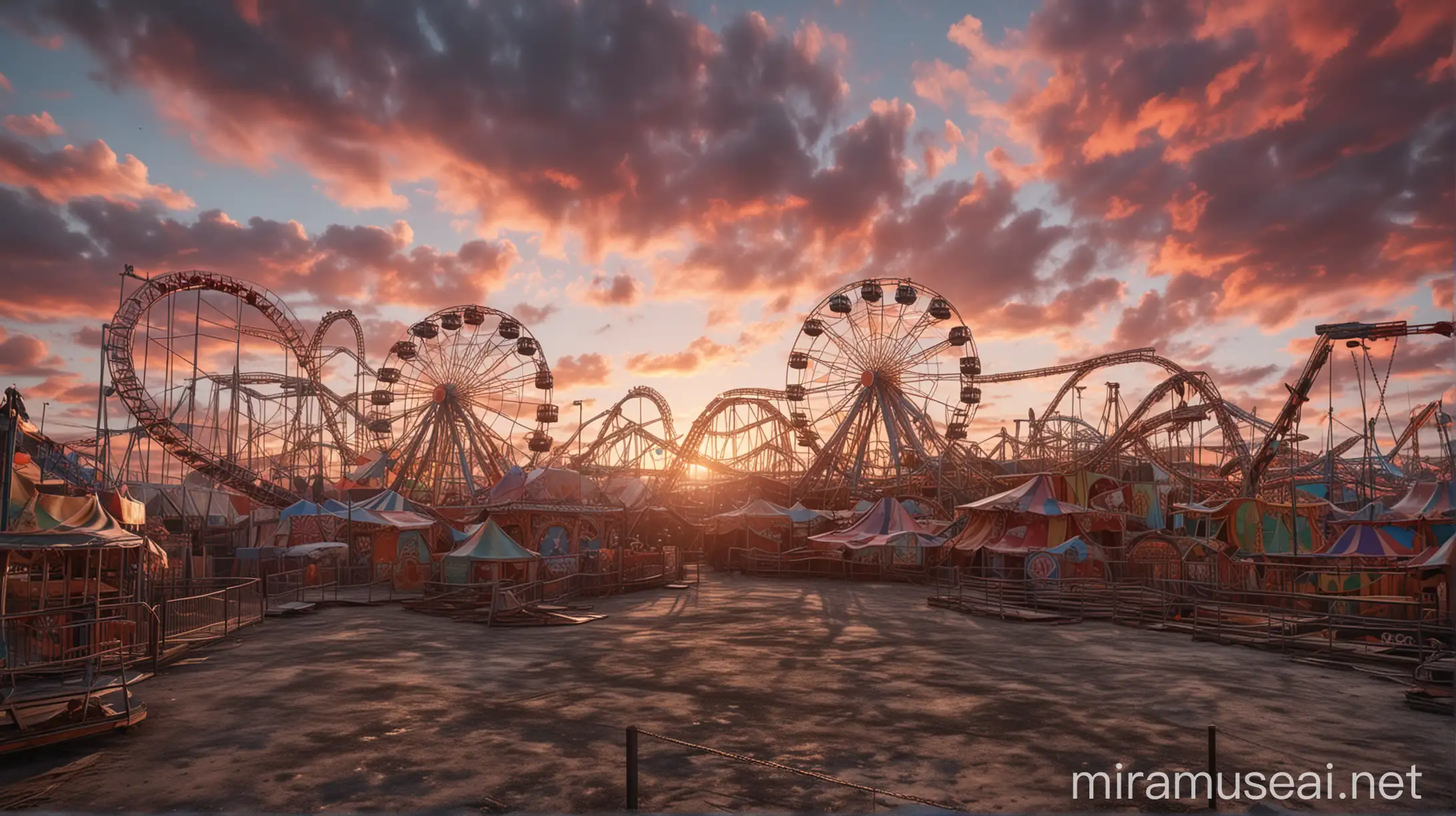 Desolate Sunset Carnival Abandoned Rollercoasters Amidst Misty Hyperrealism