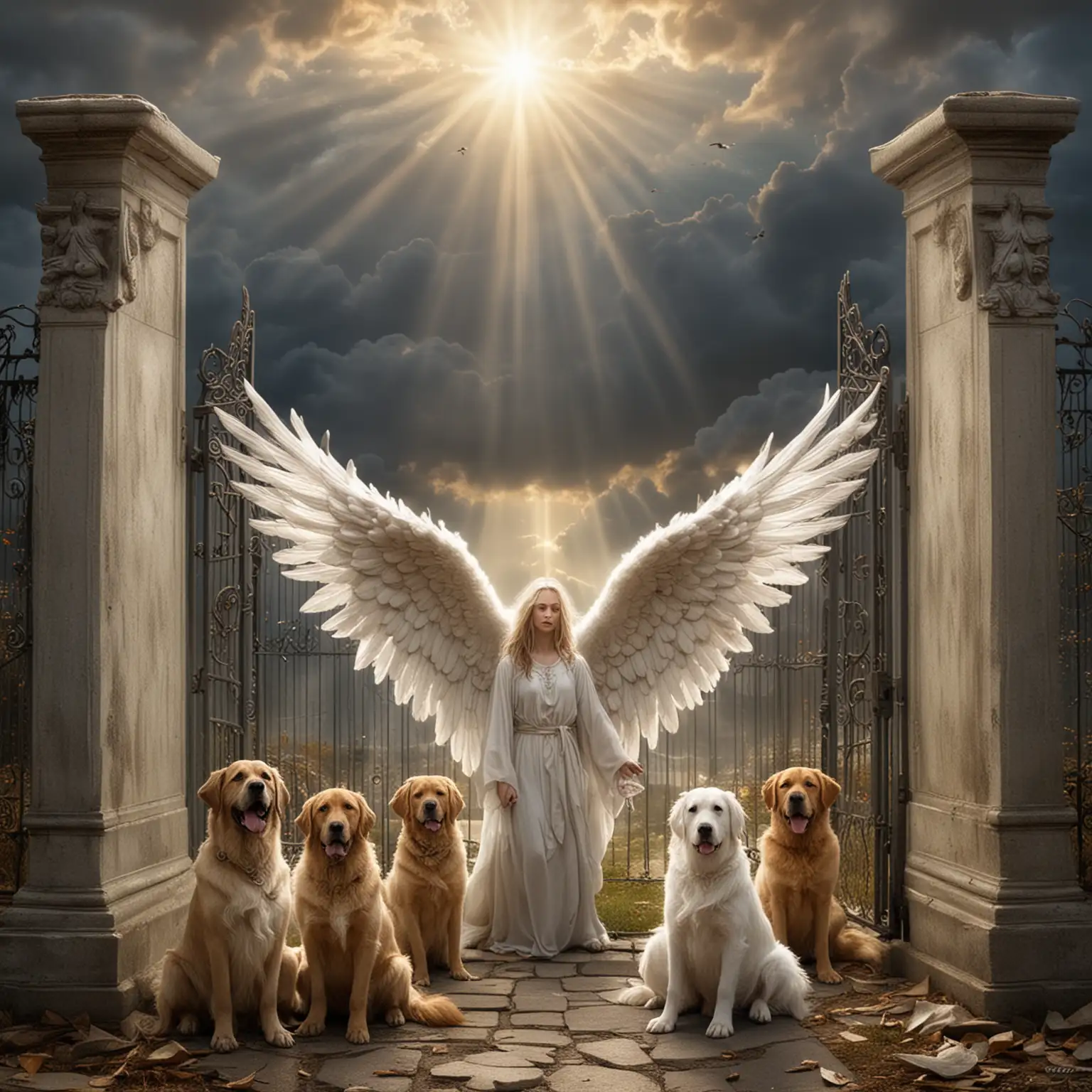 many dog souls waiting at the gates of heaven with dogs with angel wings