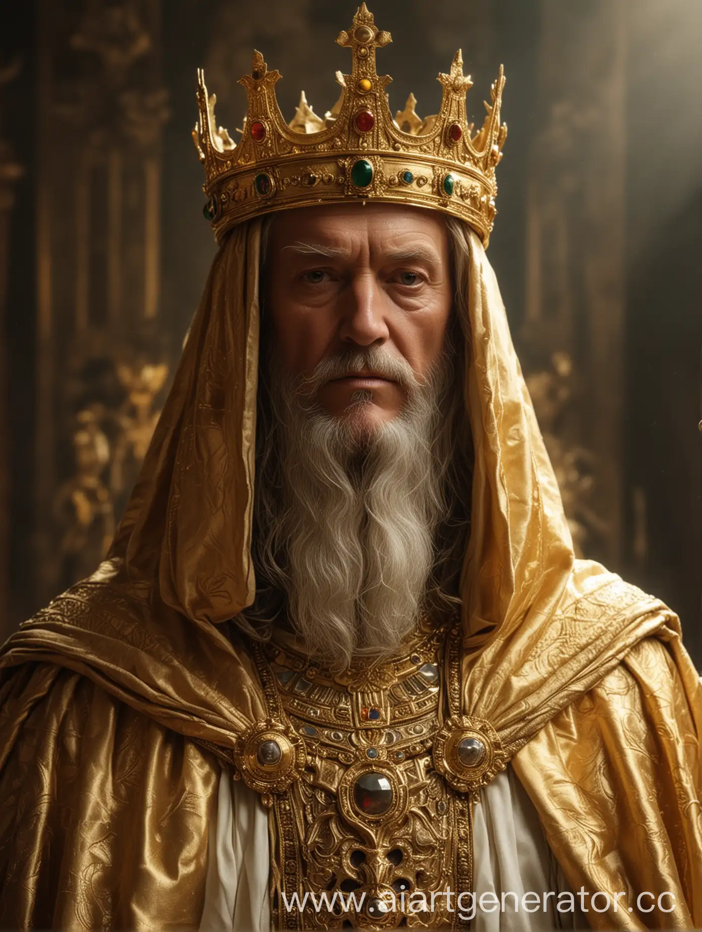 Regal-Emperor-in-Golden-Crown-and-Mantle-Gazing-at-Camera