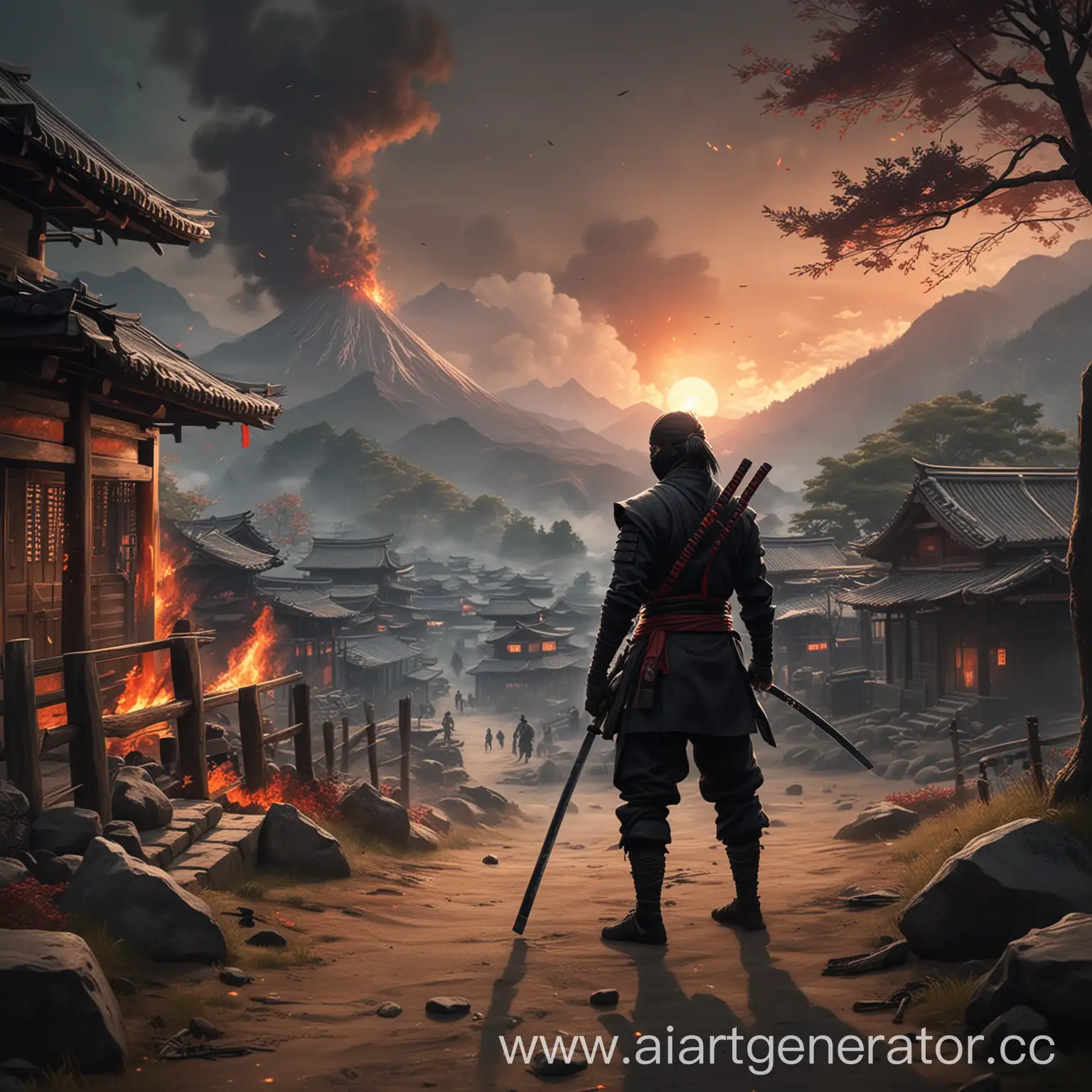 обложка игры где ниндзя стоитс катаной на горе и смотрит на горевшую японскую деревню реализм