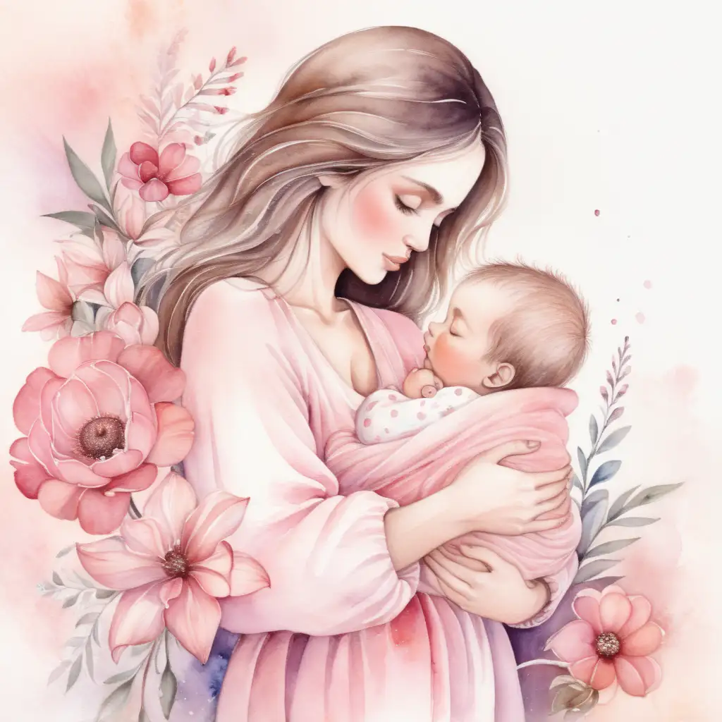 Mother Embracing Baby Surrounded by Flowers in Soft Pink Watercolor