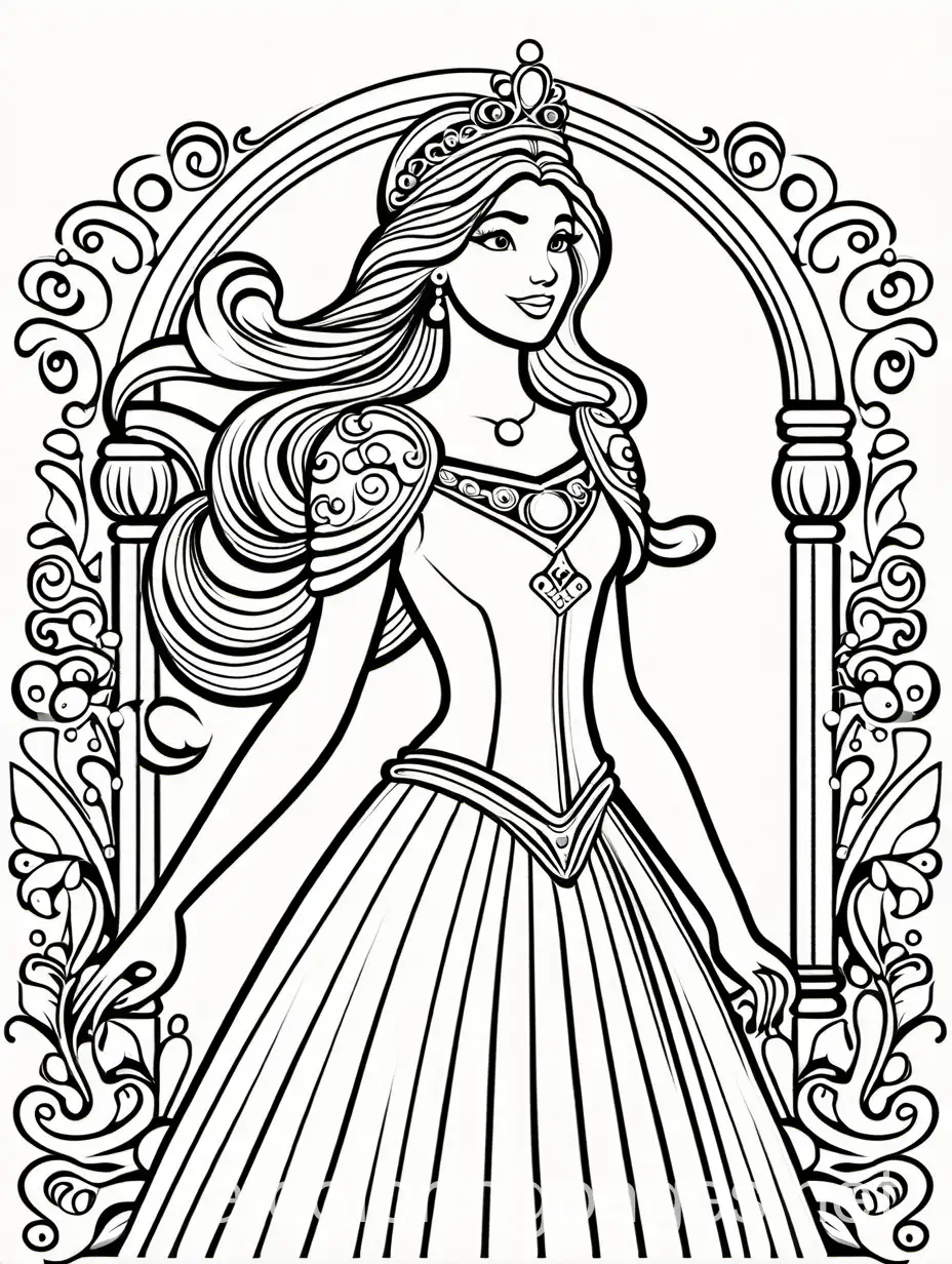 princess, Coloring Page, black and white, line art, white background, Simplicity, Ample White Space