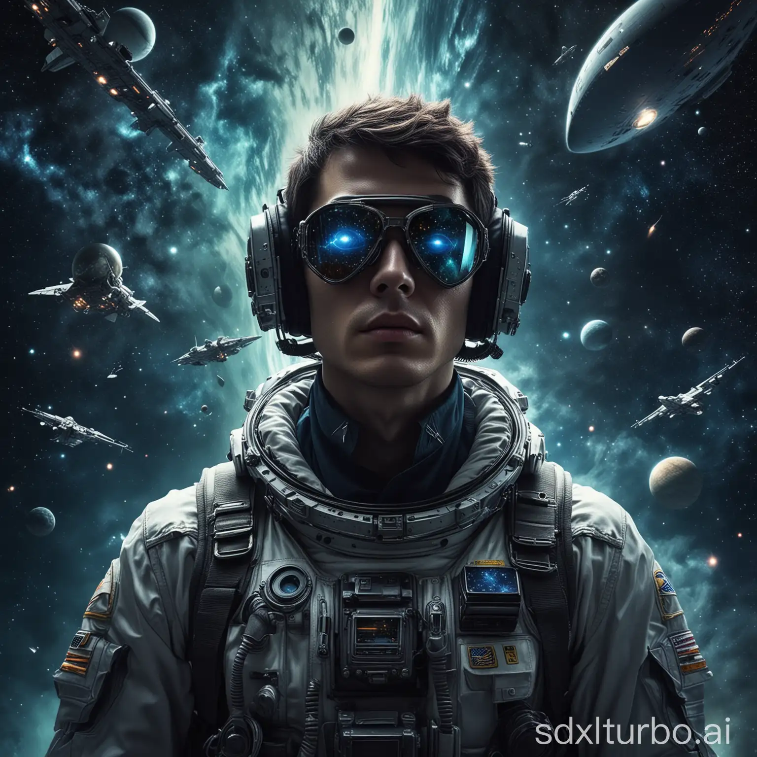 Alien-themed Gothic style Create an artwork with the theme of a surreal male future retro navy soldier sailor astronaut traveling through interstellar alien space, showing the unique effects of fantastic interstellar phenomena and special glasses. He is surrounded by cosmic wonders, nebulae rotate, planets float, creating a surreal journey through the starry sky, the Fujian ship looks like an interstellar aircraft carrier battleship, flying in the sea of ​​stars.
