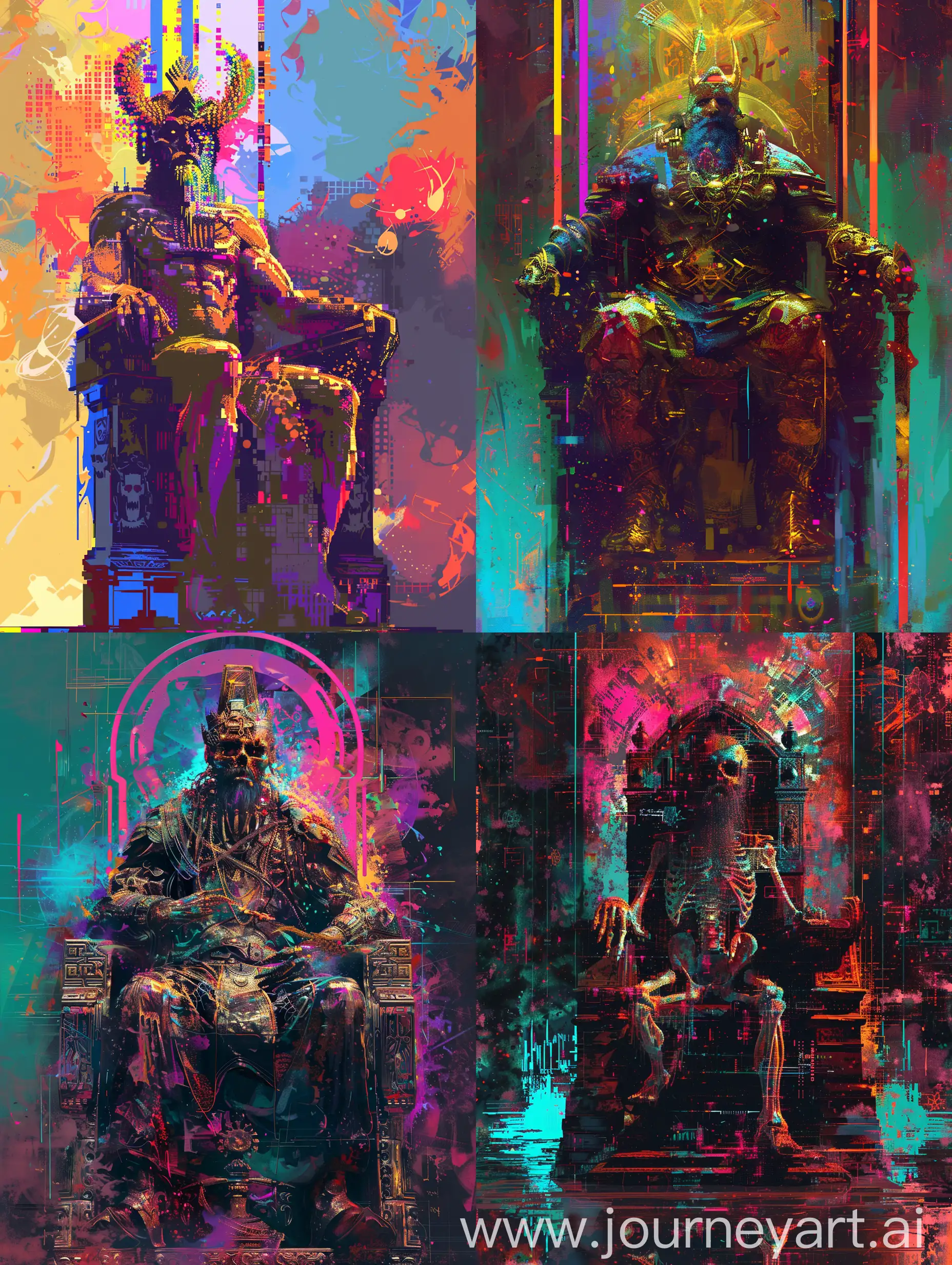 Subject: The image features a colorful abstract anomaly, showcasing vibrant.
The pixels showcase and imply this is an ancient and powerful immortal being.
An ancient and old immortal king of the cosmos, older than the gods and their father, ruler of time itself, no other god has that domain.Tall, weathered bronze skin, golden eyes, muscle yet sickly thin, black hair and beard all unruly and unkempt.


Style/background/color/etc: a bit of dark fantasy, a tyrant. The illustration adopts a dark fantasy art style, characterized by rich, deep tones that enhance the mysterious atmosphere.
The style is a blend of synthwave and surrealism, with vibrant and nostalgic colors dominating t palette.
The artist skillfully incorporates visual elements inspired by renowned artists like Syd Mead and Hiroshi Nagaim, resulting in a unique and eye-catching composition. 


Action: he sits on an old throne that symbolize his exaggerated feel of importance as king. He has his ancient scythe weapon.


full body --c 22--s 750 --v 6.0-ar 5:7 -v 6 - ar 3:4-по 47237
