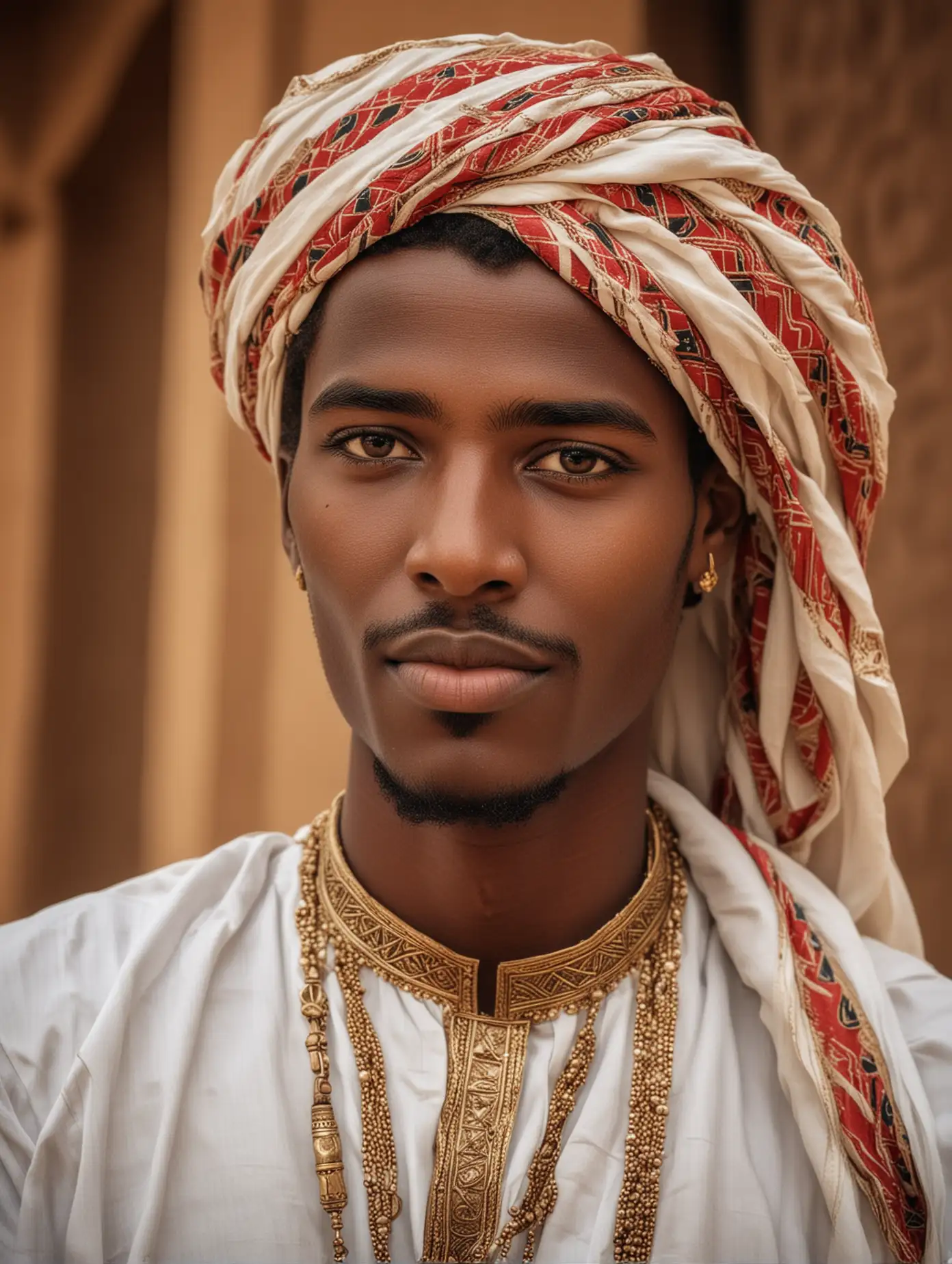 a handsome guy，sudanese，sudanese traditional clothing， with exquisite facial features,Famous architectural background of sudanese， professional photography technolog