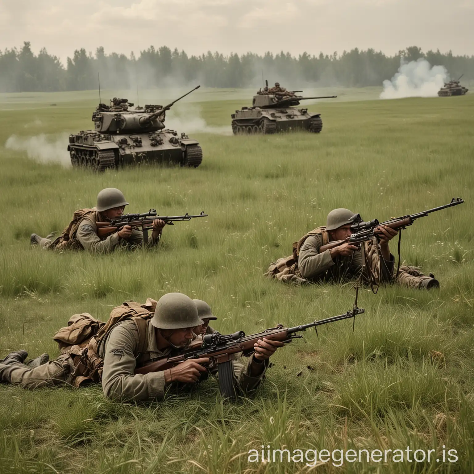 Field of grass with four highly-armed American soldiers laying down and aiming their rifles at a Russian and German tank