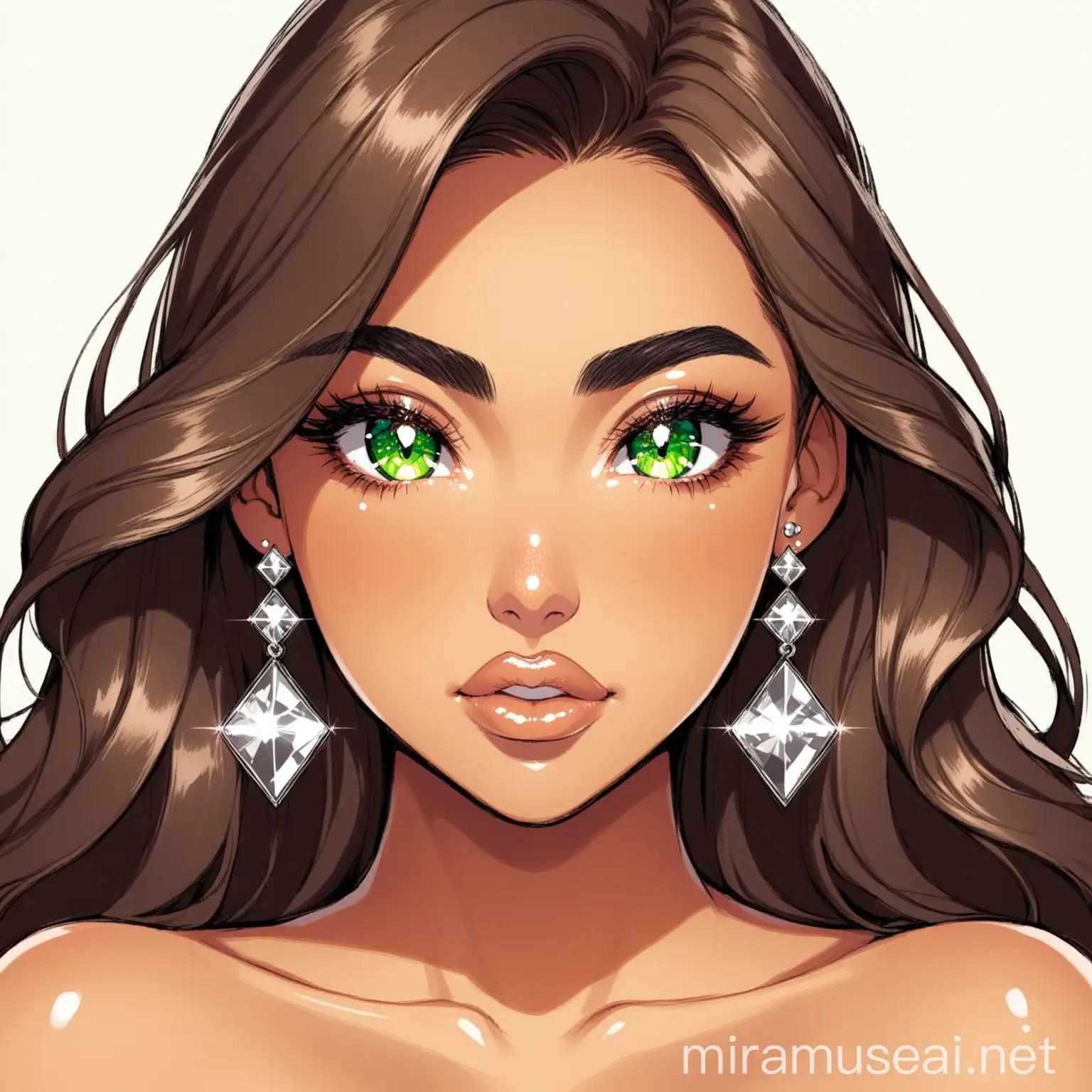 Beautiful young woman with lightly tanned skin, very long and wavy medium brown hair and green hazel eyes; large, slanted eyes with thick eyebrows and long eyelashes, big lips and a slim but semi-muscled body. It has little silver earrings with red and white diamonds.