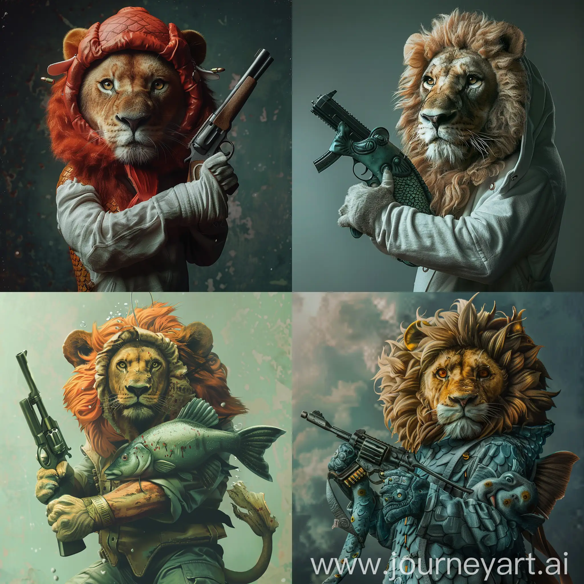 Realistic-Lion-in-Fish-Costume-Holding-Gun