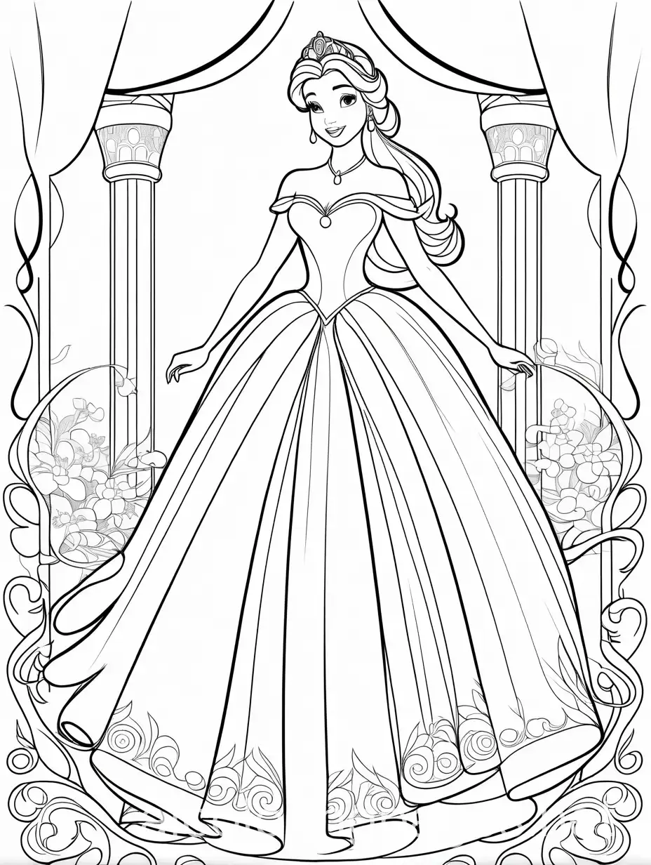 Disney princess, Coloring Page, black and white, line art, white background, Simplicity, Ample White Space. The background of the coloring page is plain white to make it easy for young children to color within the lines. The outlines of all the subjects are easy to distinguish, making it simple for kids to color without too much difficulty