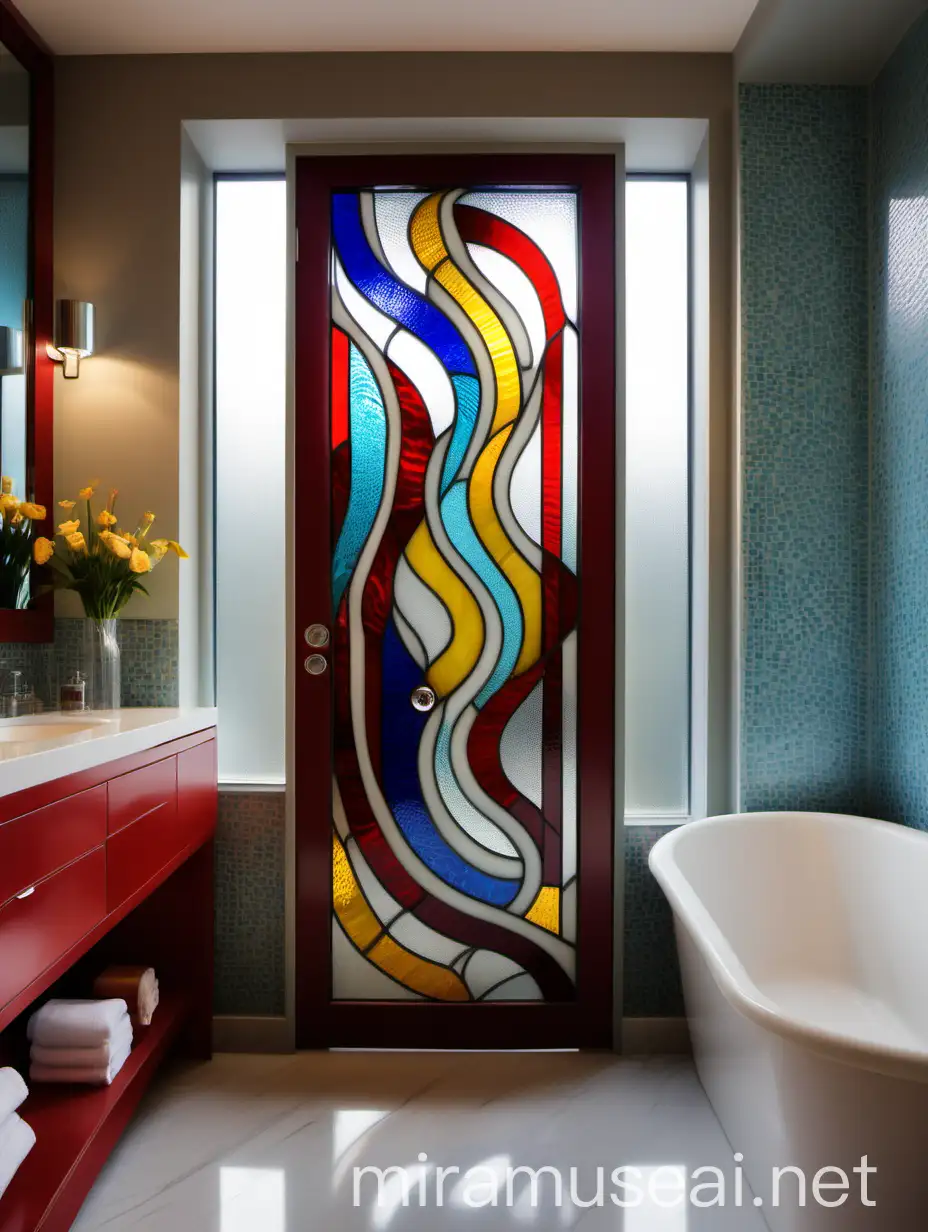 Витражная дверь тиффани в ванной  комнате из красного, синего, желтого и белого стекла, плавные линии 