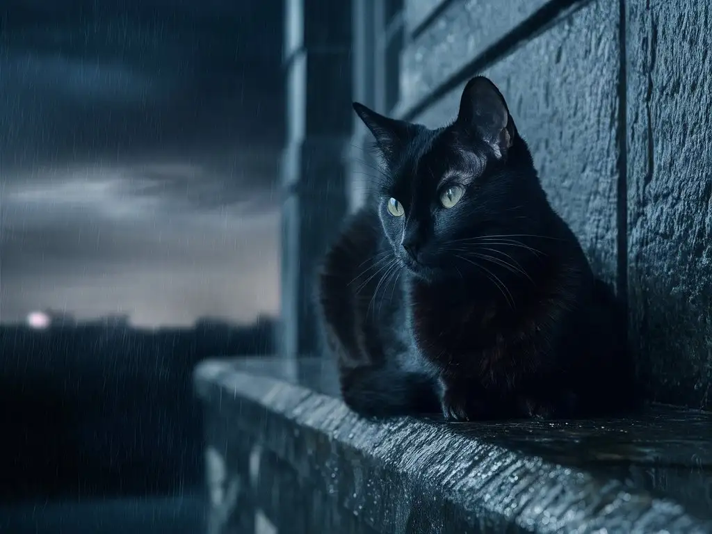 black cat waiting in rain at night
