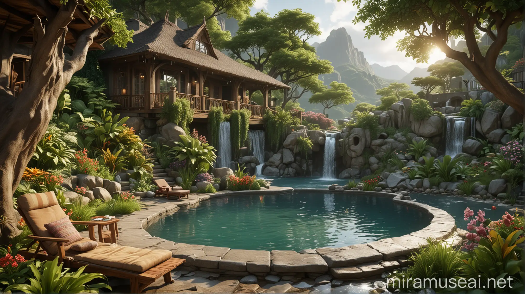 Mountain Waterfall Hobbit House Interior View with Crystal Clear Lagoon
