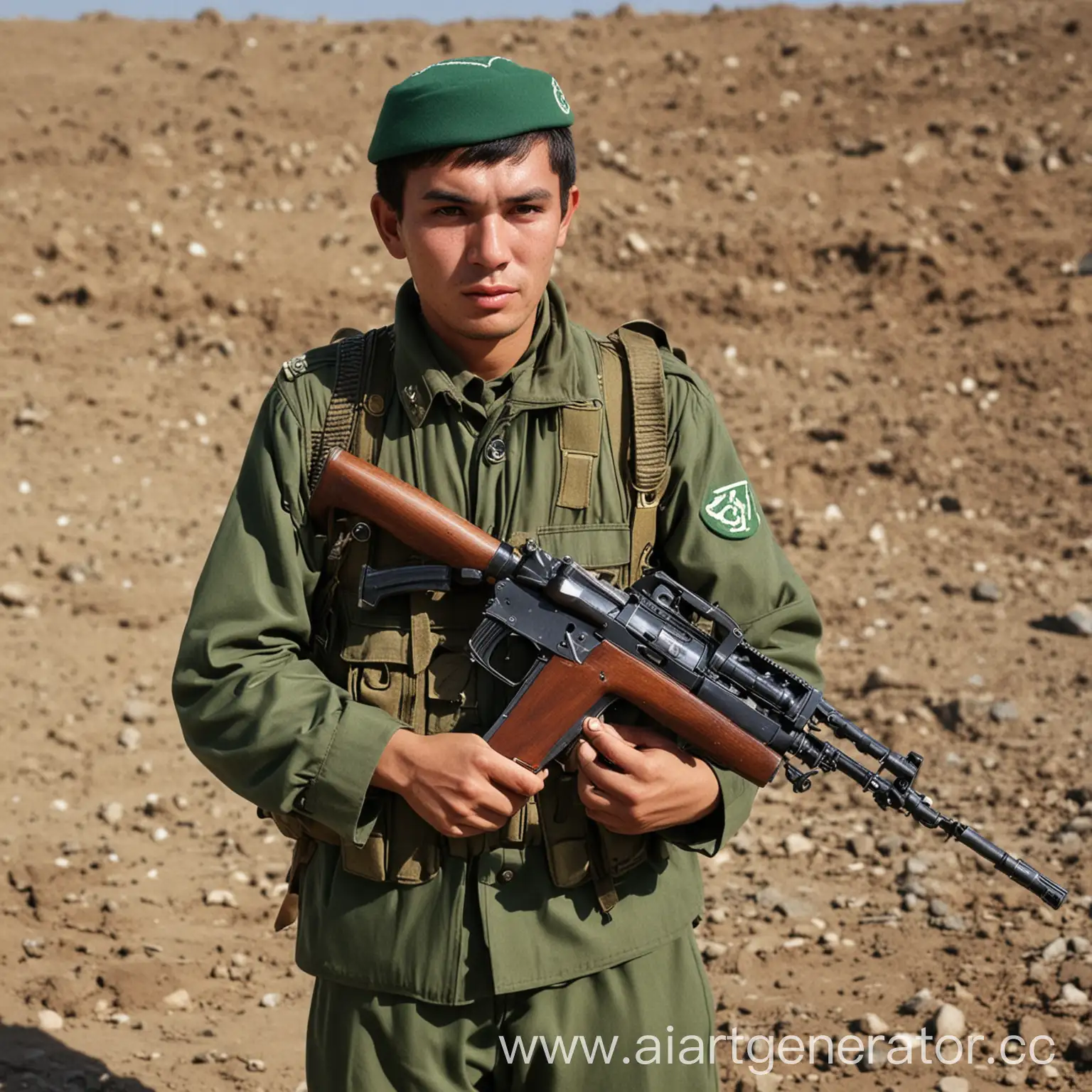 Uzbek-Soldier-1970-with-Automatic-Rifle-in-Vintage-Military-Uniform