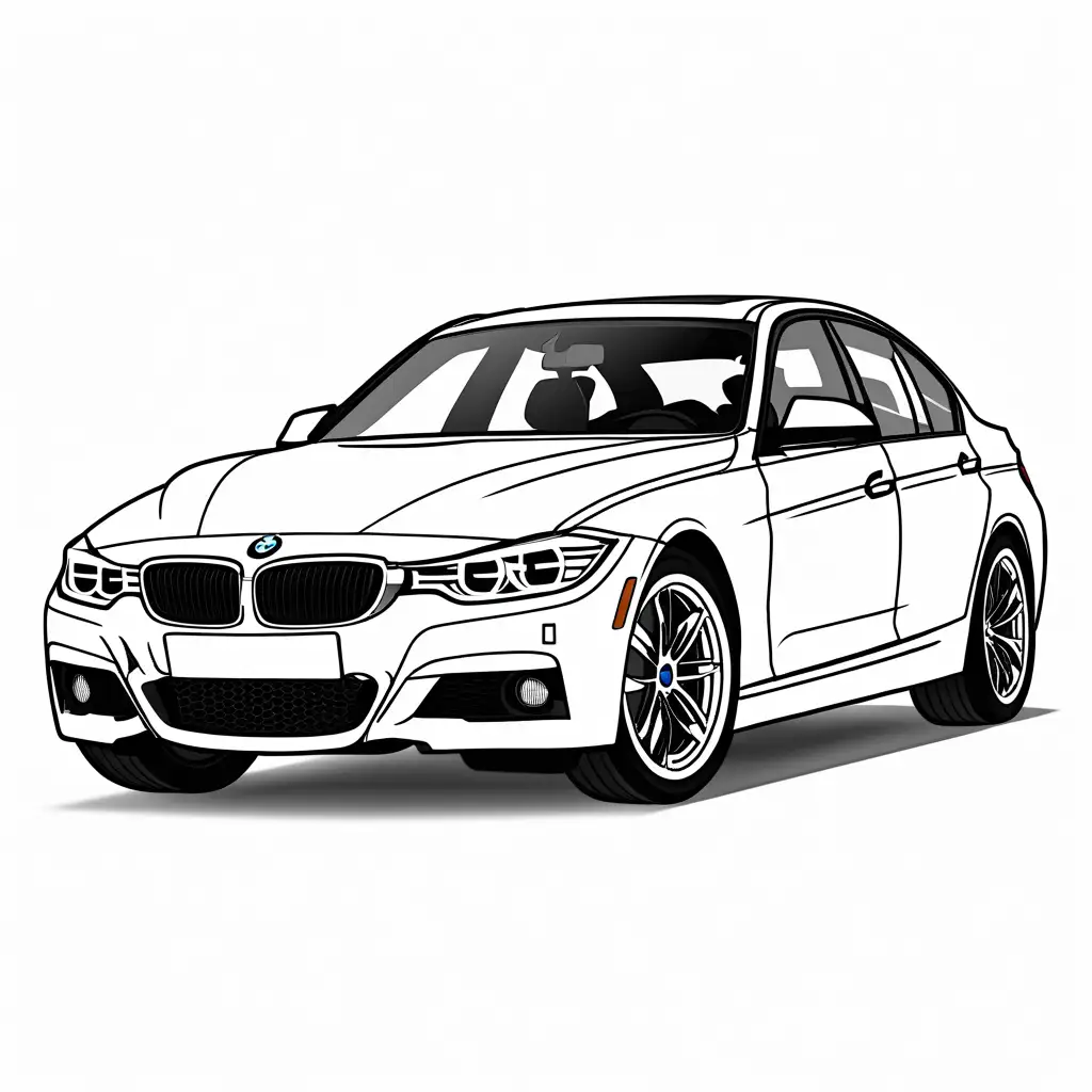 BMW3 , highly detailed, professional photography, unreal engine,  beautiful, HDR, UHD,  64k , 800mm, long exposure coloring page, Coloring Page, black and white, line art, white background, Simplicity, Ample White Space. The background of the coloring page is plain white to make it easy for young children to color within the lines. The outlines of all the subjects are easy to distinguish, making it simple for kids to color without too much difficulty