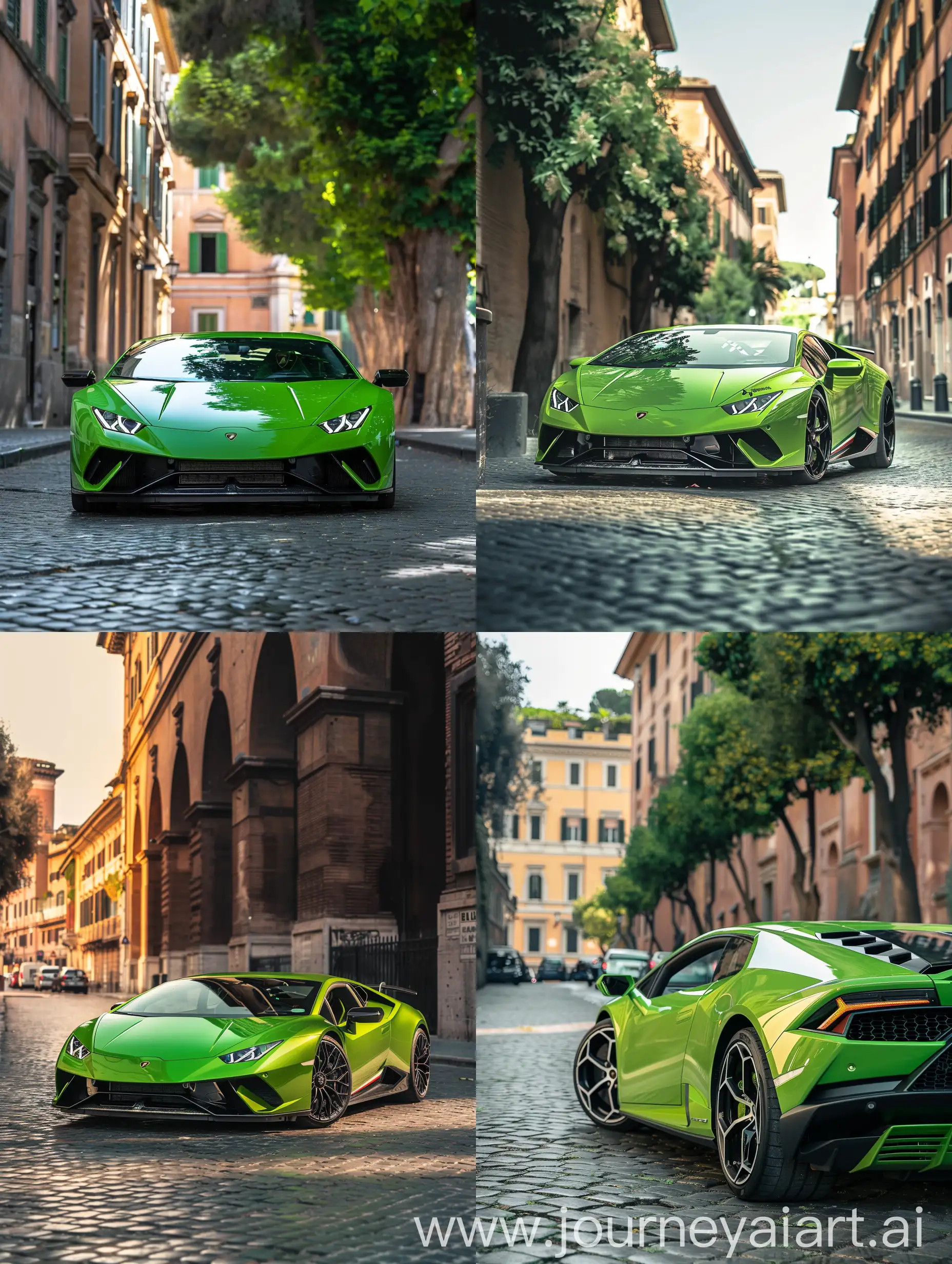 Realistic vision 8k wallpaper Lamborghini Huracán performance in green in Italy Rome parked vibes in summer