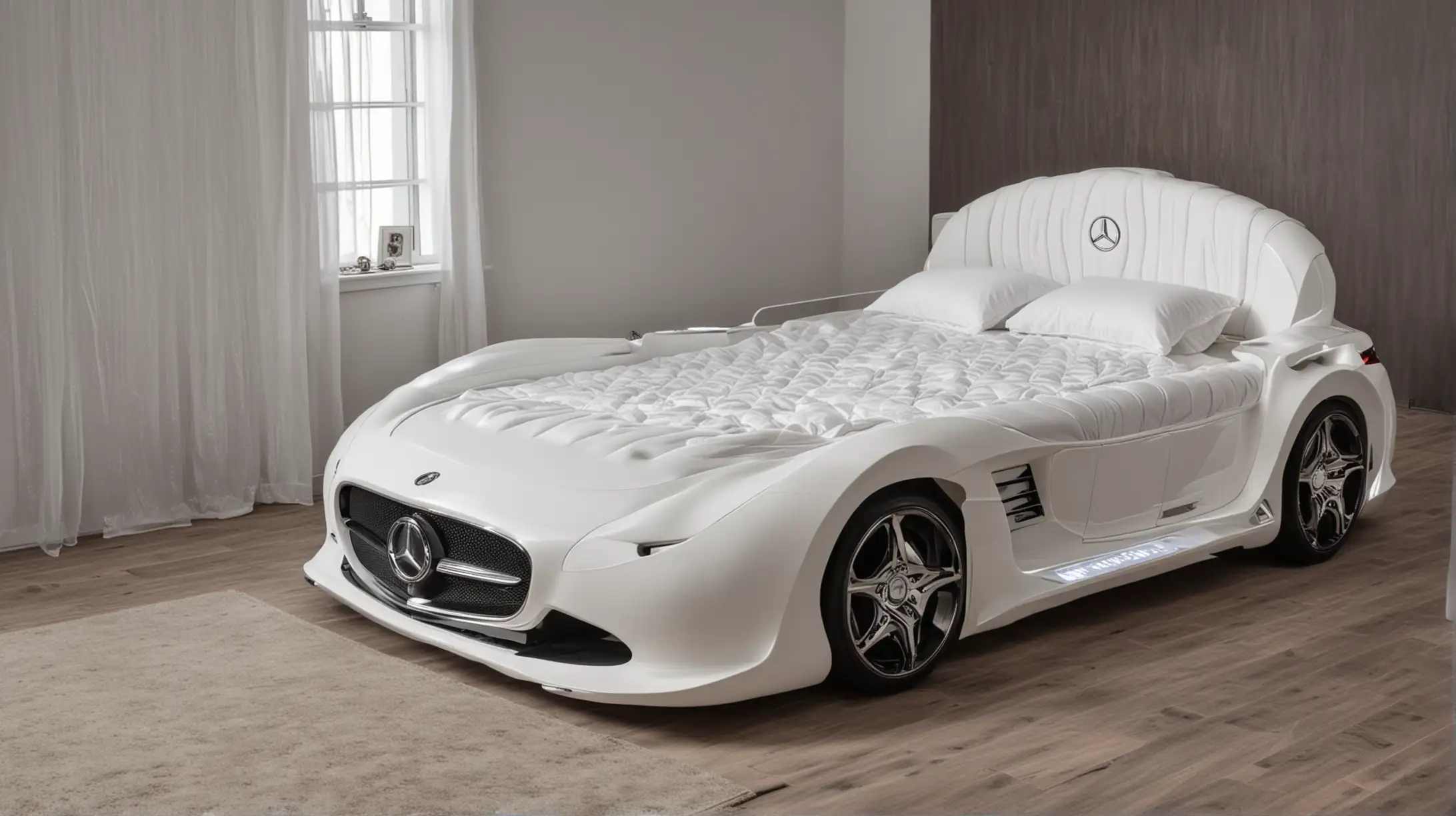 Double bed in the shape of a mersedes 2023 car with headlights on