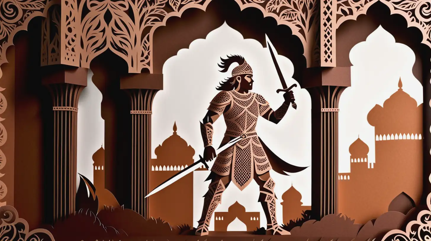 Indian Warrior in Chainmail with Raised Sword Inside Castle Intricate 2D Laser Cut Paper Illustration