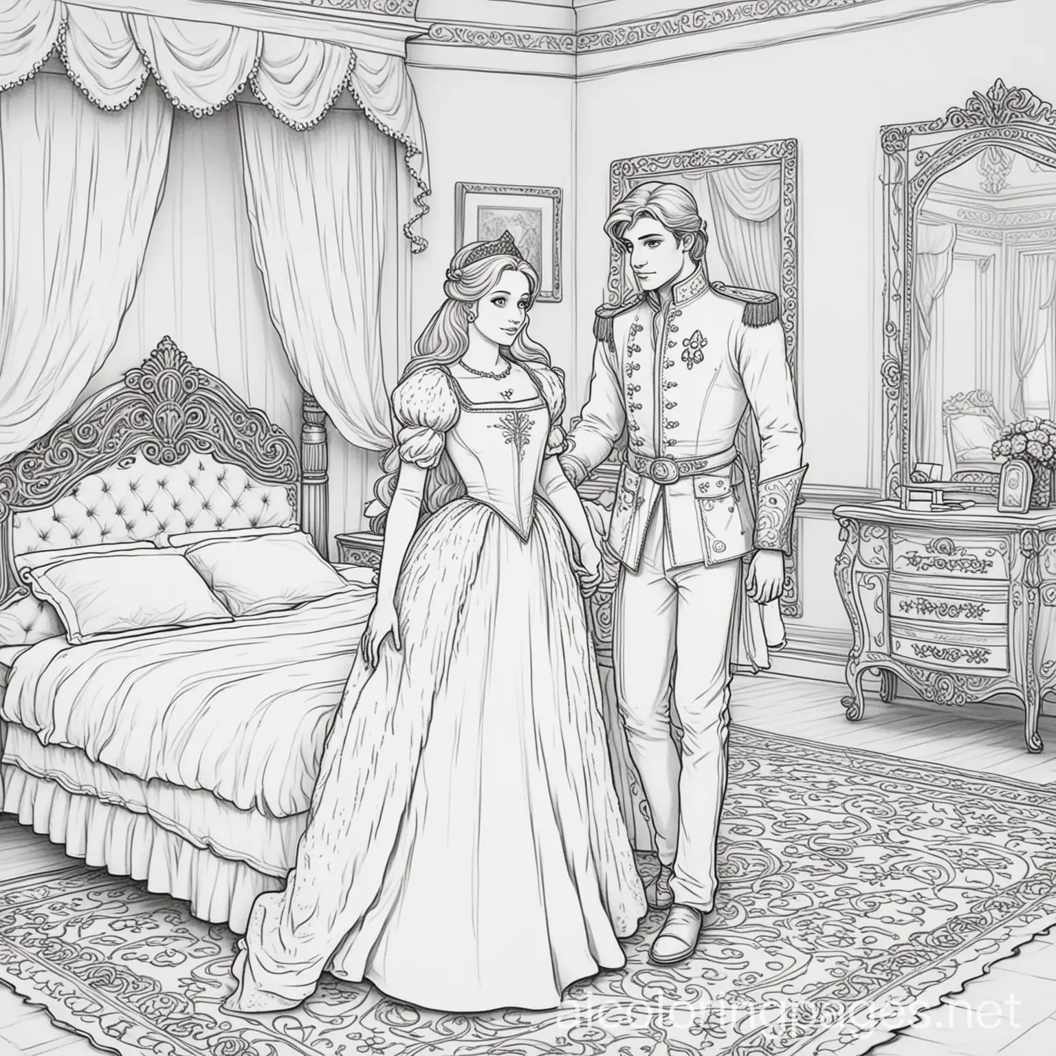young prince standing across a princess in the princess's bed room, Coloring Page, black and white, line art, white background, Simplicity, Ample White Space. The background of the coloring page is plain white to make it easy for young children to color within the lines. The outlines of all the subjects are easy to distinguish, making it simple for kids to color without too much difficulty