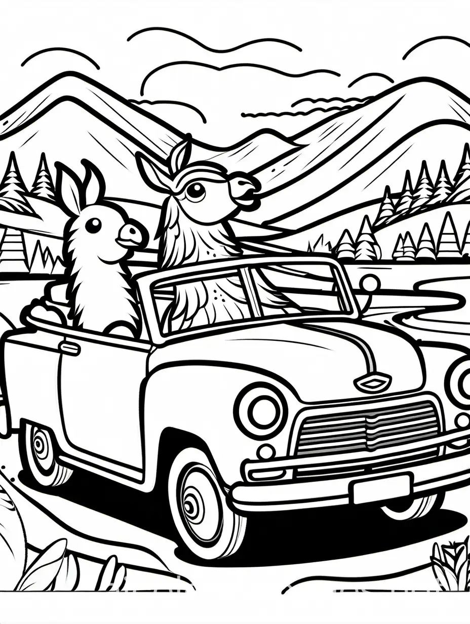 rooster, bunny and llama drive in an open convertible car for the Christmas celebration, Coloring Page, black and white, line art, white background, Simplicity, Ample White Space. The background of the coloring page is plain white to make it easy for young children to color within the lines. The outlines of all the subjects are easy to distinguish, making it simple for kids to color without too much difficulty