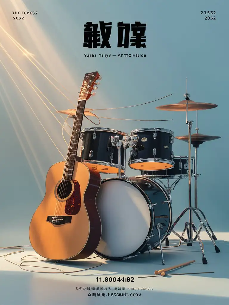 Scene overall is a soft dand blue background, a delicate guitar leans to the left of the screen, the strings slightly reflecting the light, and the body has a fine wood grain texture. On the right side, a black drum set sits solidly, with a shiny drum head, and drumsticks carelessly placed next to it. The guitar and drums are staggered, with some intertwined subtle gold lights around them, like spotlights on a stage. In the middle upper part of the screen, written in conspicuous black bold letters is 'YIJIA MUSIC'. Below is the address: 'Address: JINJIANG CITY ANHAI TOWN SANLI STREET 2 FLOOR 2032' followed by 'Contact number: 15980043069', each character seems full of power, as if shining with the brilliance of music.