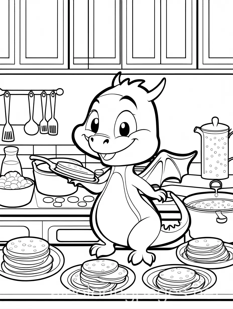Dragon-Kids-Cooking-Pancakes-Coloring-Page-Black-and-White-Line-Art