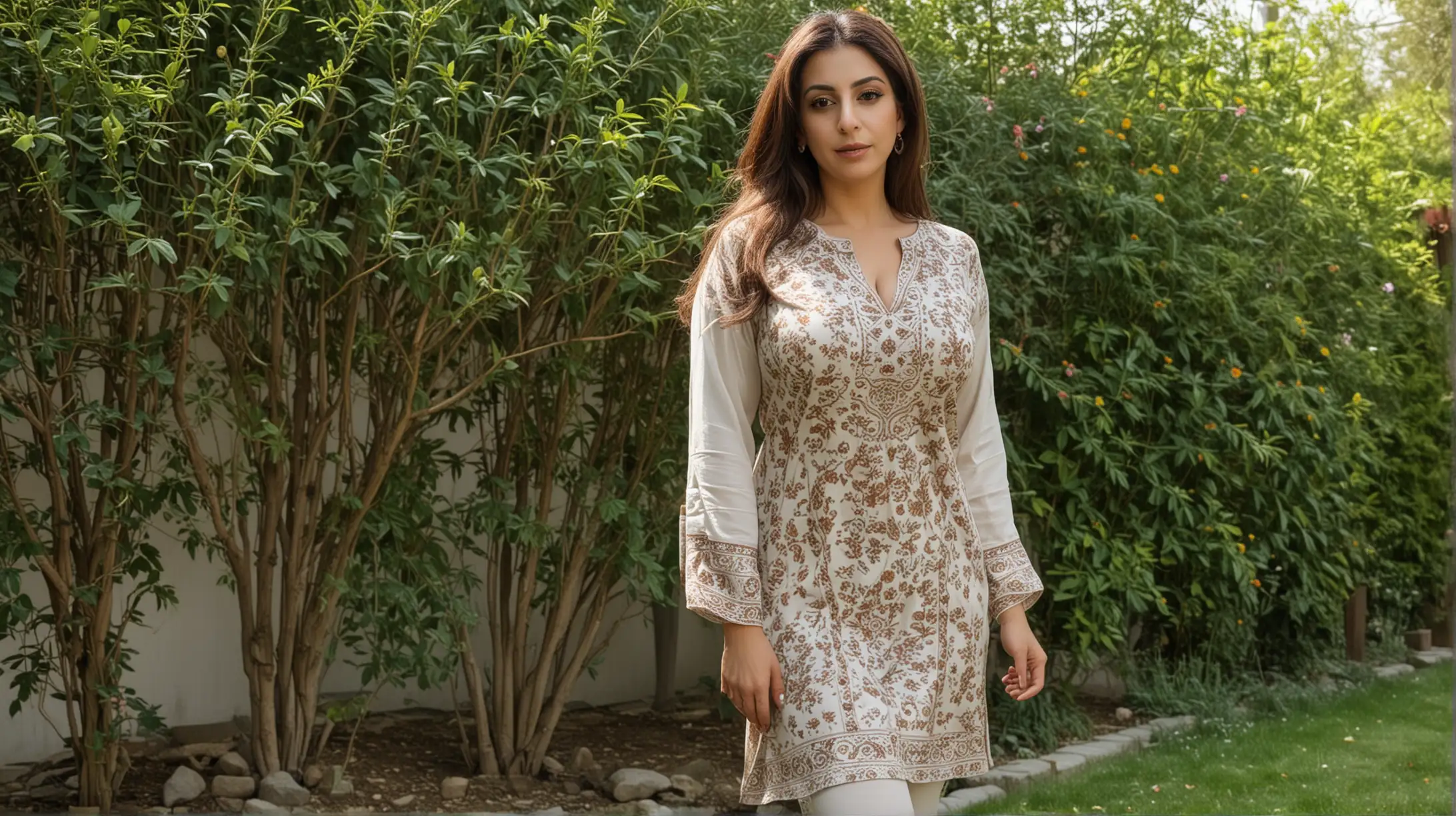 Elegant Iranian Woman in a Serene Garden Setting