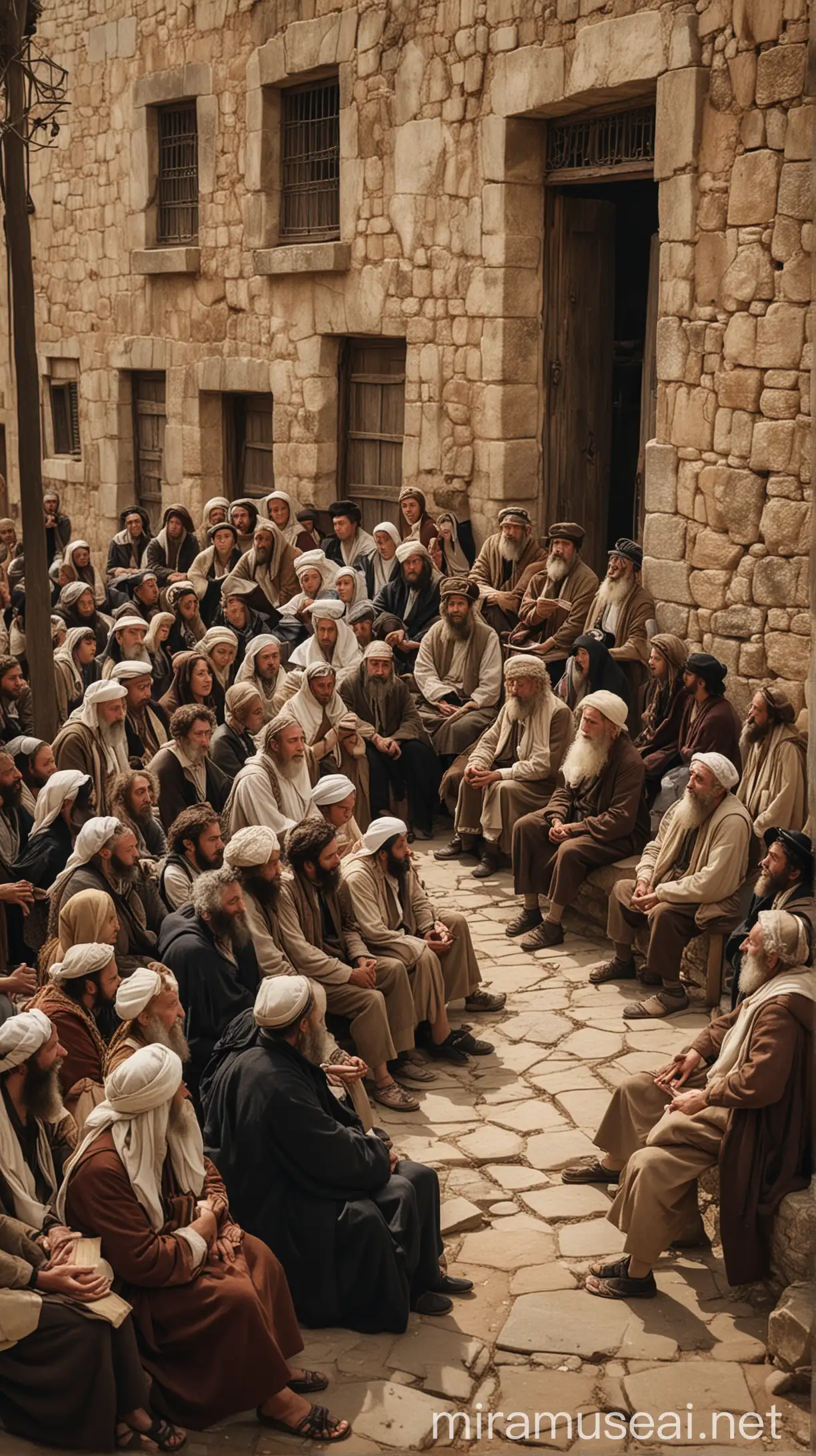 A group of Jewish people siting and listening a someone preaching in a small town in ancient world 