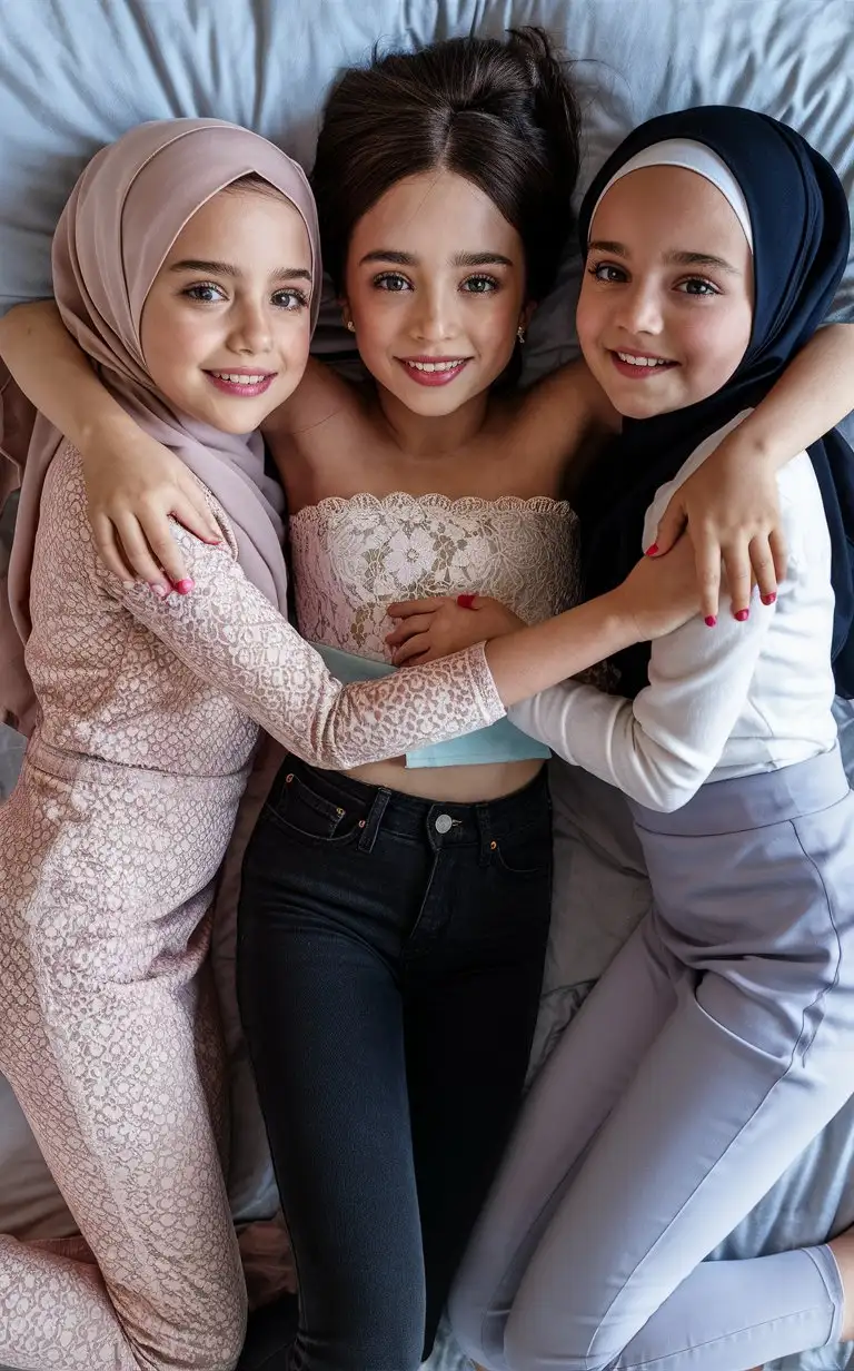 3 little porcelain skin girls.  14years old. They wear a hijab, strapless lace blouse, skinny tight jeans.
They are beautiful. They lie on the bed. well-groomed, turkish, quality face, plump lips. 
Bird's eye view, top view, cool face, nail polish. Hugs, plump hips