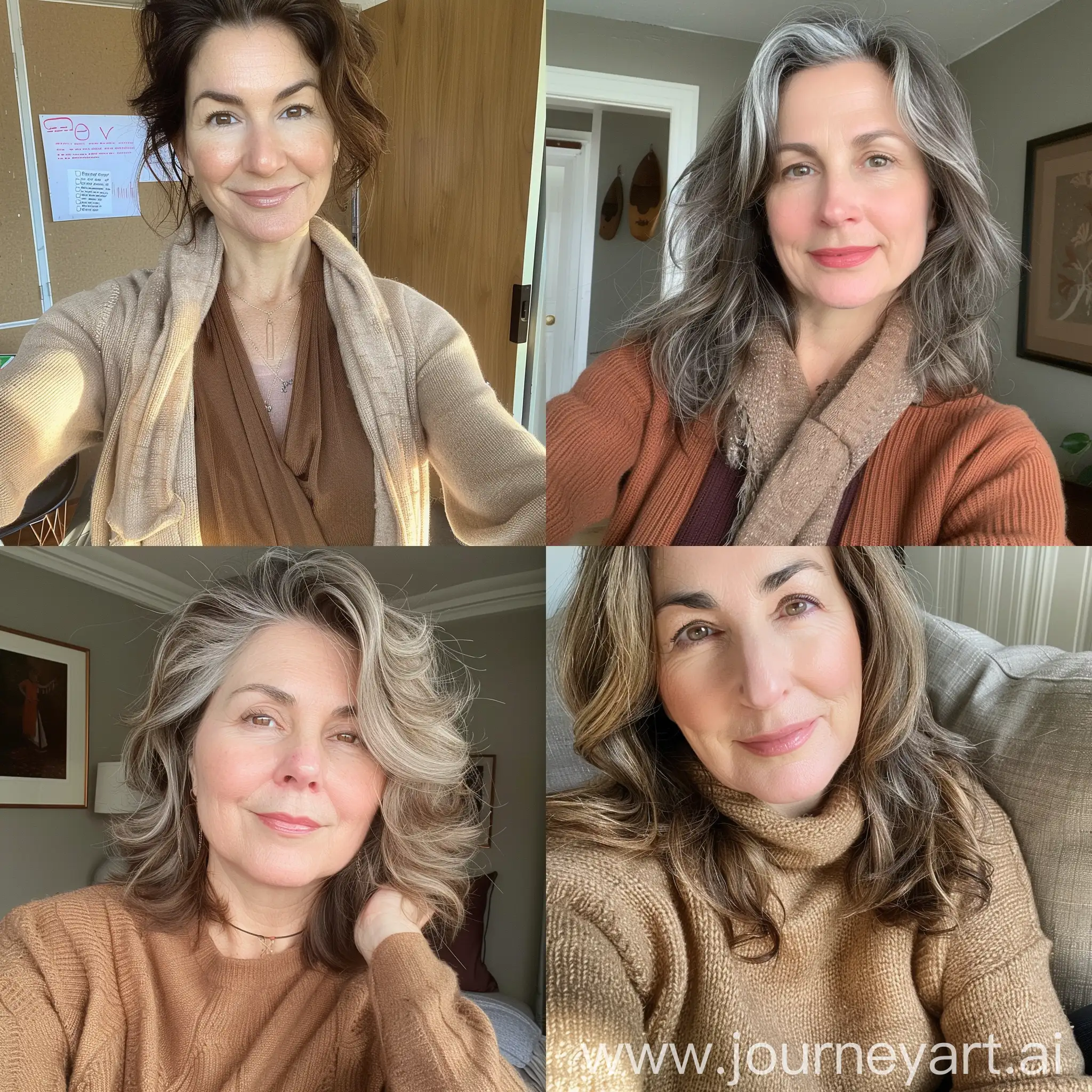 Aesthetic instagram selfie of a Middle School teacher, woman, mid 40's, soft brown clothing color tones--ar 9:16
