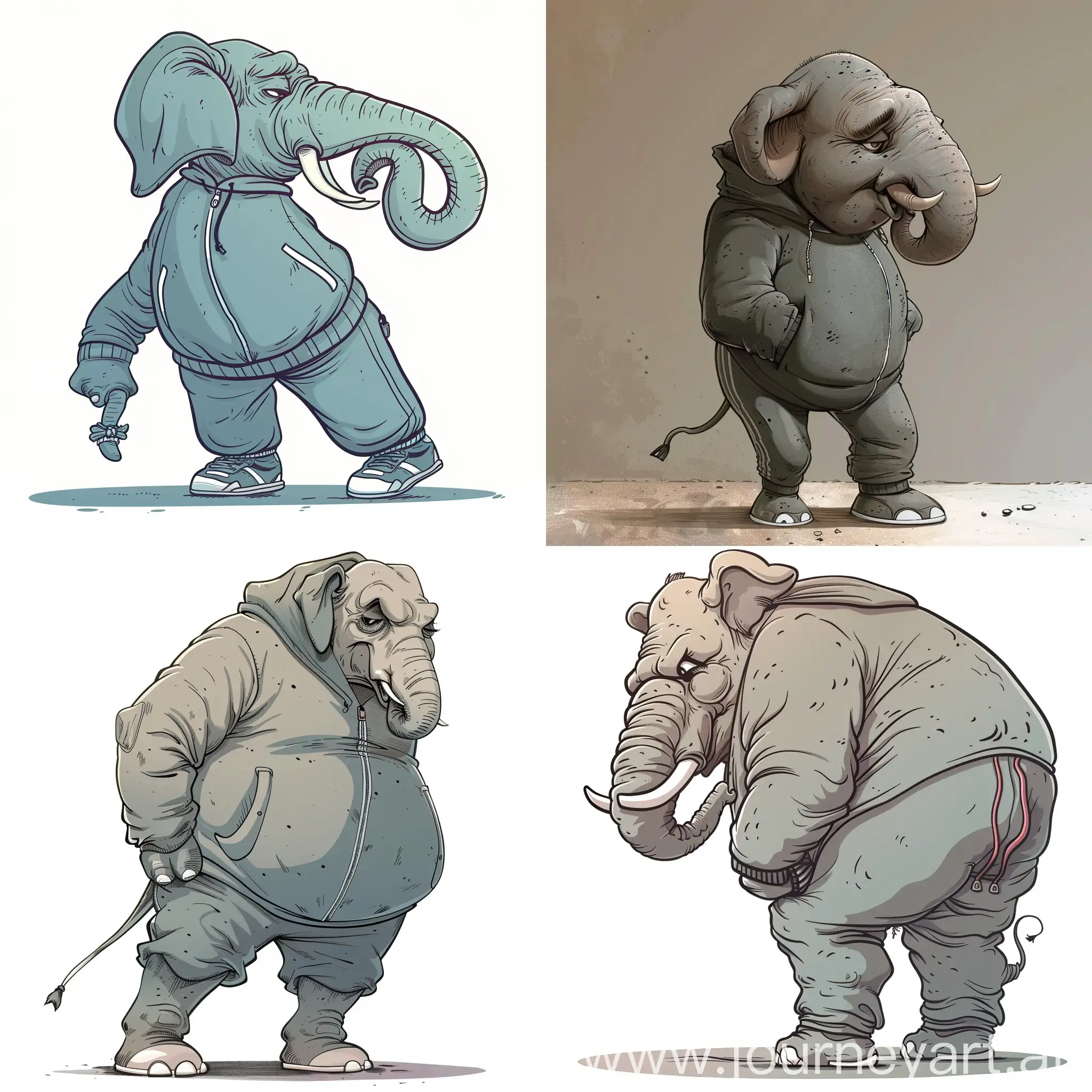 the cartoon elephant stands sideways and tries to put on a tracksuit, but the suit does not fit on the leg and the elephant gets upset