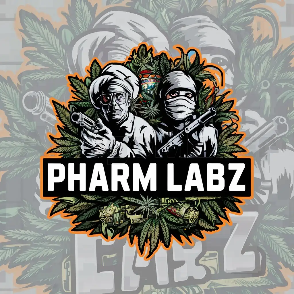 a logo design,with the text "Pharm Labz", main symbol:a highly detailed grafitti banks style nft of a mad scientist and a masked man with a gun and lots of weed and joints,Moderate,be used in Others industry,clear background