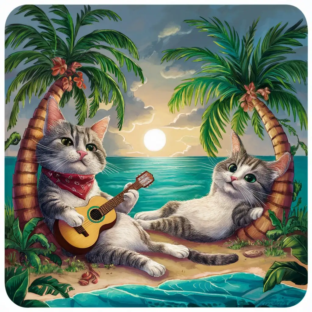 Two cats by the sea with palm trees. One cat is playing guitar.