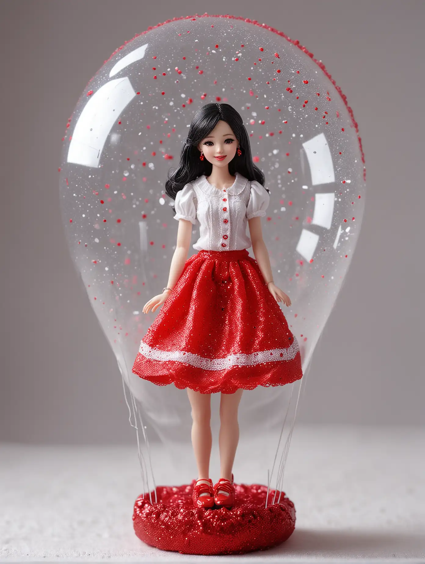 Beautiful teenage Kim Hye-yoon barbie doll. Height 5CM. wearing bright red Snow White Glitter. Red Shoes. Laughing Pose Style. inside a miniature balloon