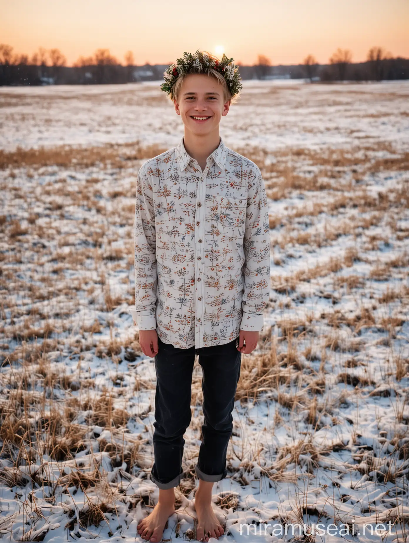 Cheerful Young Man with Wreath in Winter Field