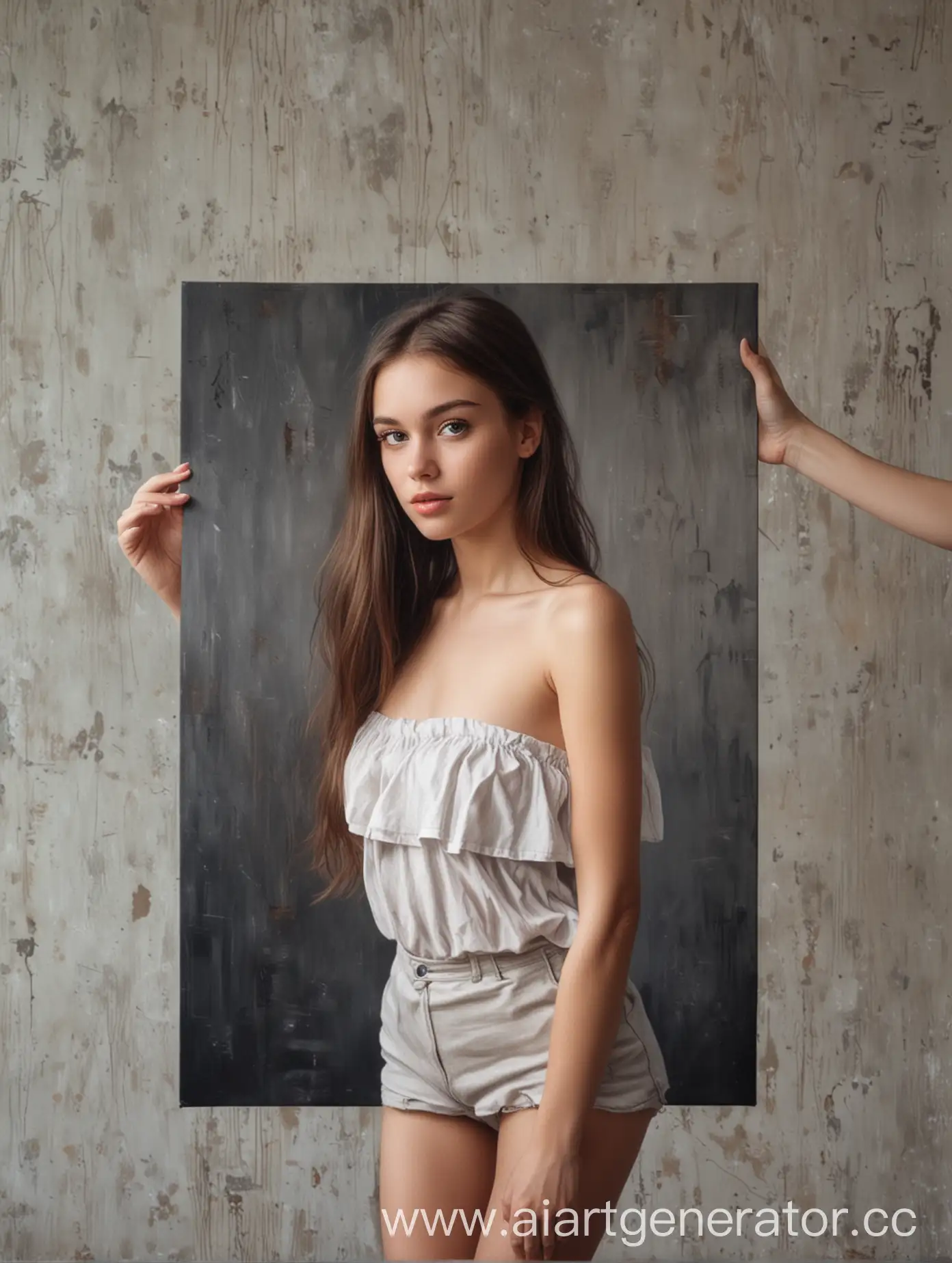 A portrait on canvas measuring 50x70 centimeters is held in the hands of a beautiful slender girl