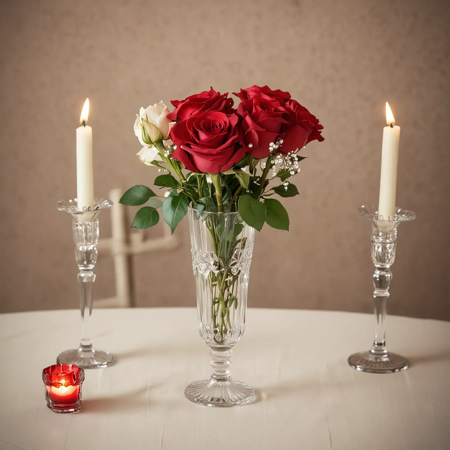 a small and simple DIY vintage wedding centerpieces with a few red roses in antique crystal vase