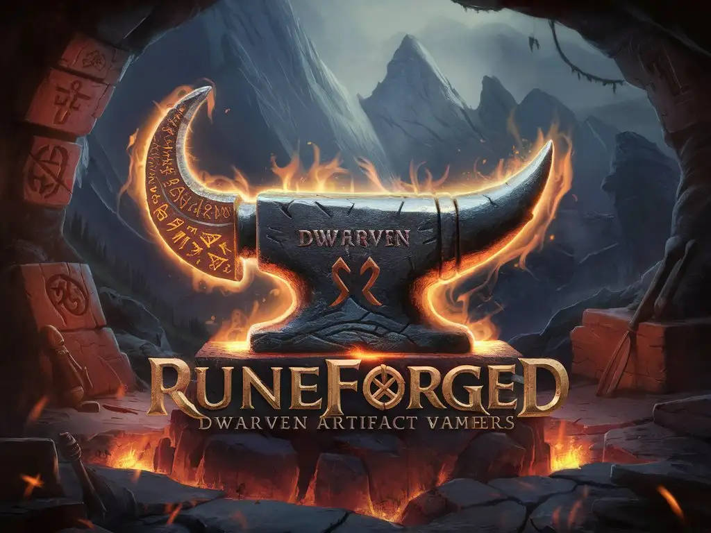 logo "Runeforged" Dwarven artifact forge ancient runic elements of style