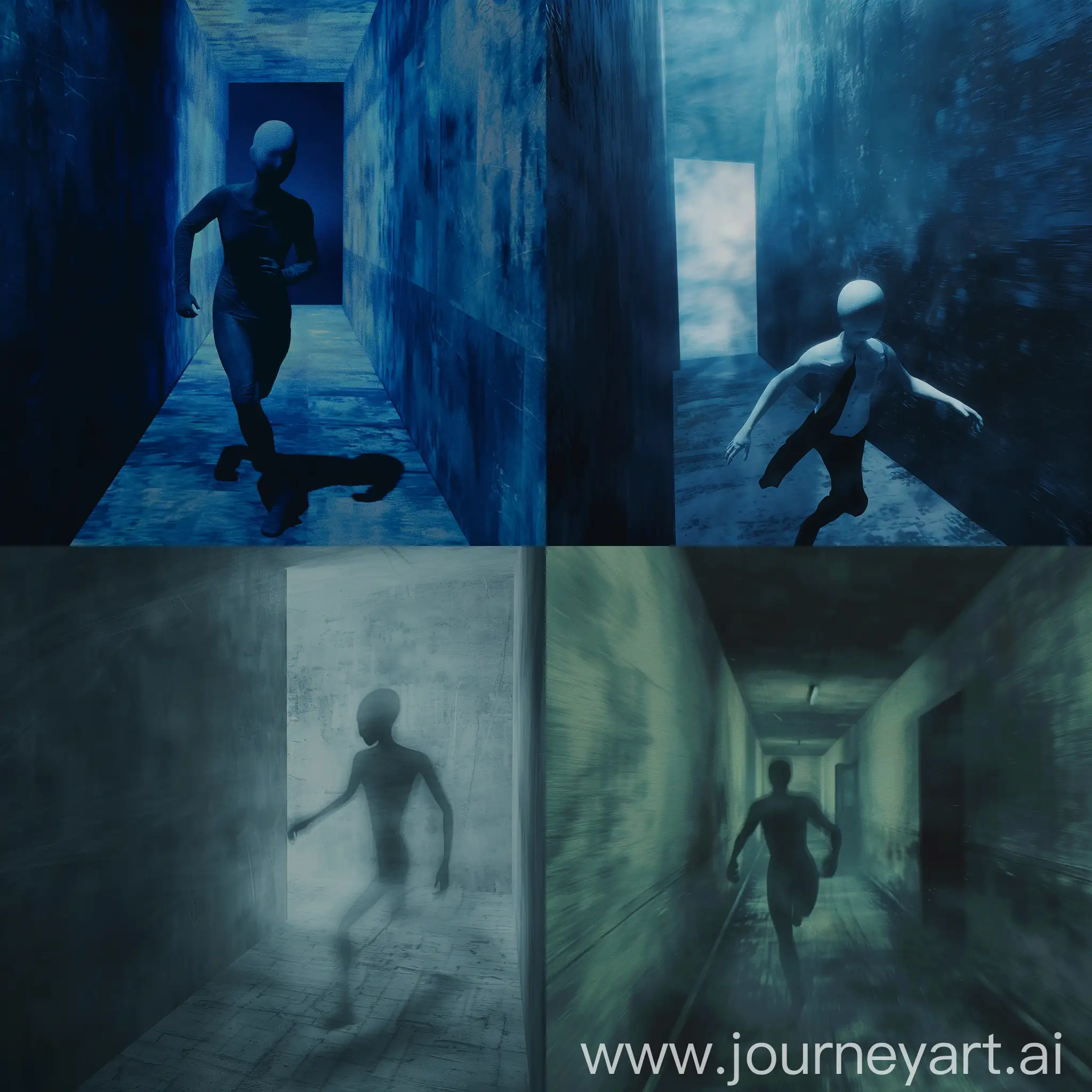 a faceless mannequin running throught a dark blue void room, silent hill 2 texture style