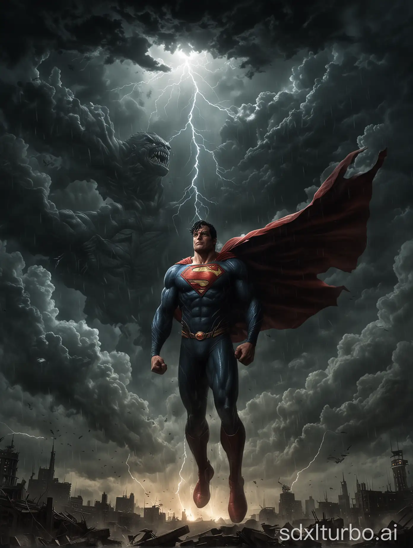 Dark sky, there are lightning and monsters appearing in the sky. Huge. Superman. Dark wind