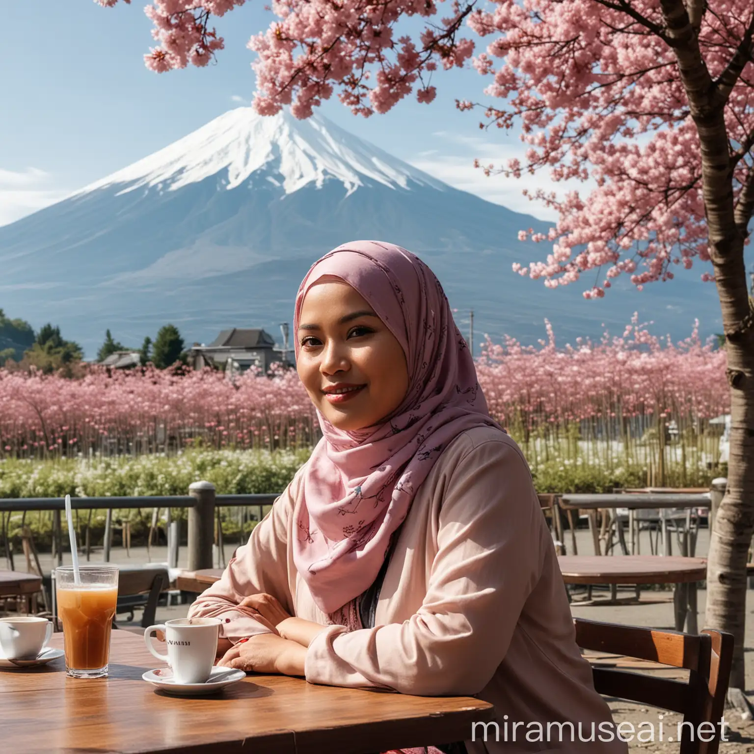 Seorang wanita cantik Indonesia chubby berusia 50 tahun dengan pakaian hijab casual yang trendi sedang duduk di sebuah kafe outdoor, di belakangnya terlihat pemandangan Gunung Fuji yang indah, di dekat wanita tersebut terdapat pohon sakura.