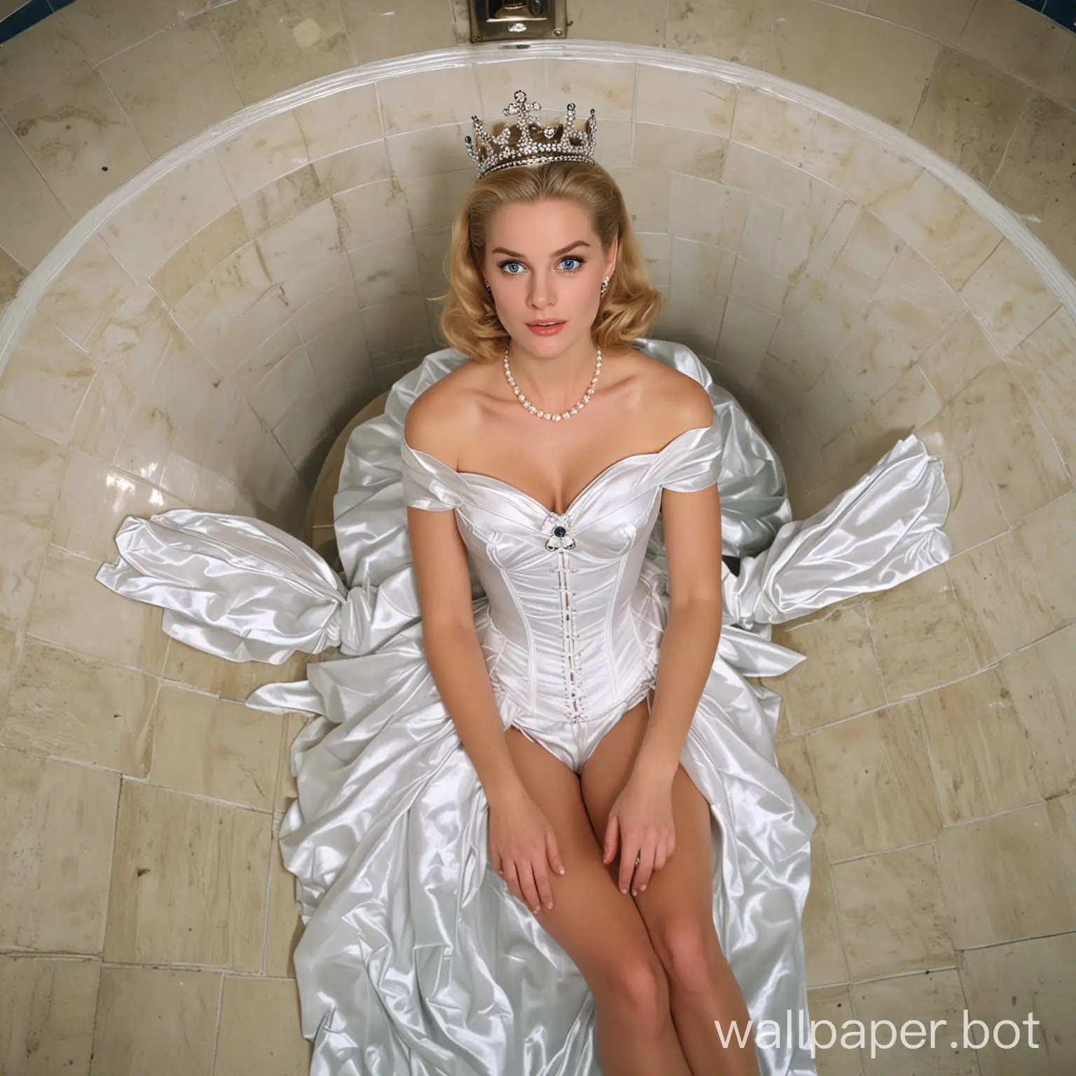 view from above. In men's public toilet white beautiful blue-eyed blonde slim young actress Grace Kelly in crown on her knees in white silk off-shoulder sleeveless dress, white silk push-up corset, white silk opera length gloves. white Queen Grace Kelly in crown beg on her knees in front of standed two black afro male dirty hobos tramps with their pants down. Queen's mouth open extra wide. view from above. disgust on her face