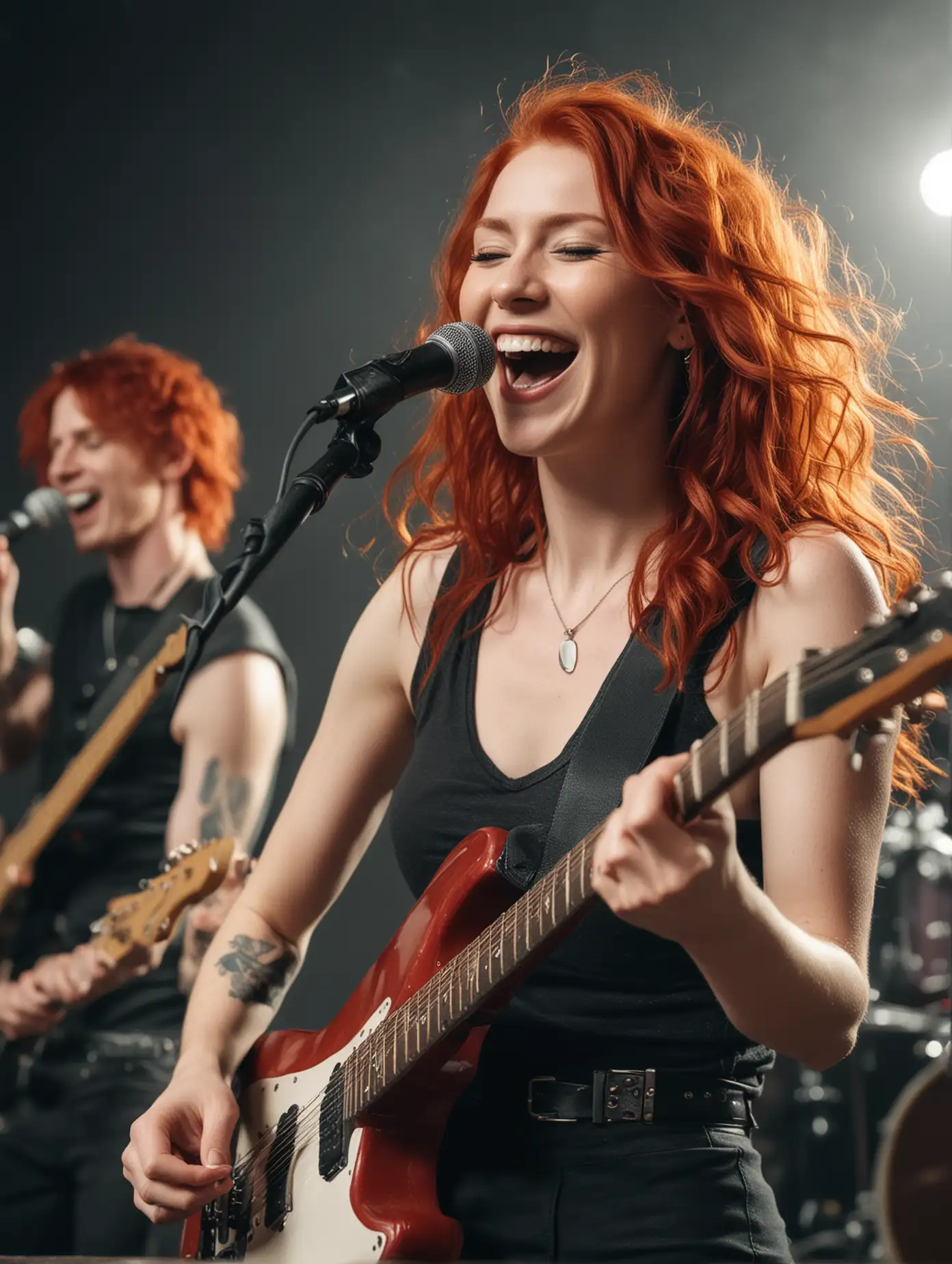 Rock band men playing an instrument, a red haired woman singer playing a guitar smiling